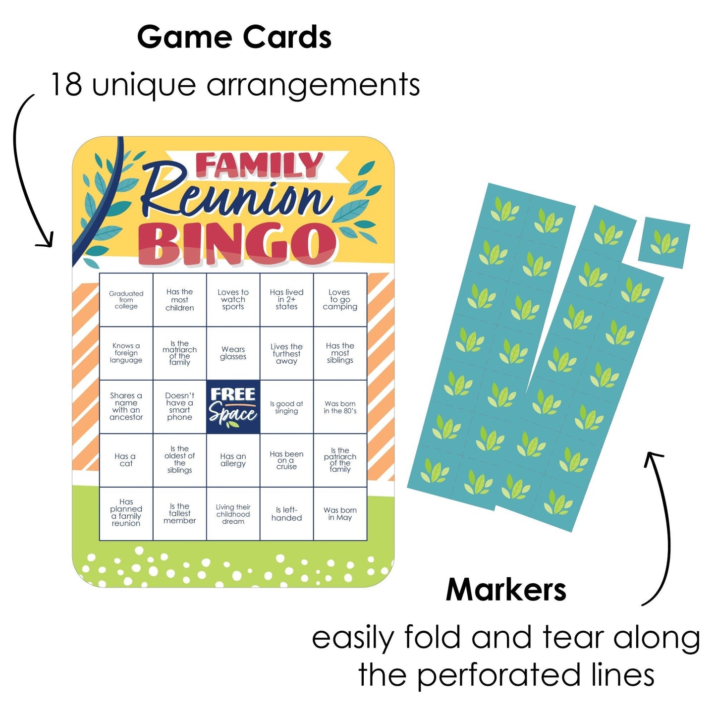 Colorful Family Reunion - Bingo Cards and Markers - Family Gathering Party Bingo Game - Set of 18