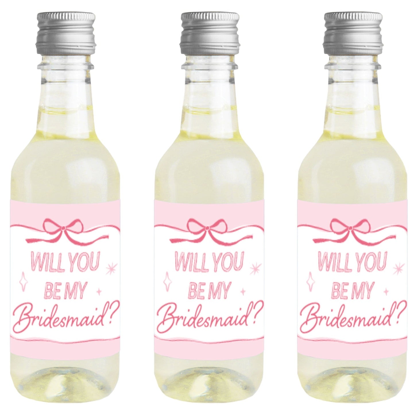 Will You Be My Bridesmaid Pink Bow Mini Wine Bottle Labels - 16 Ct