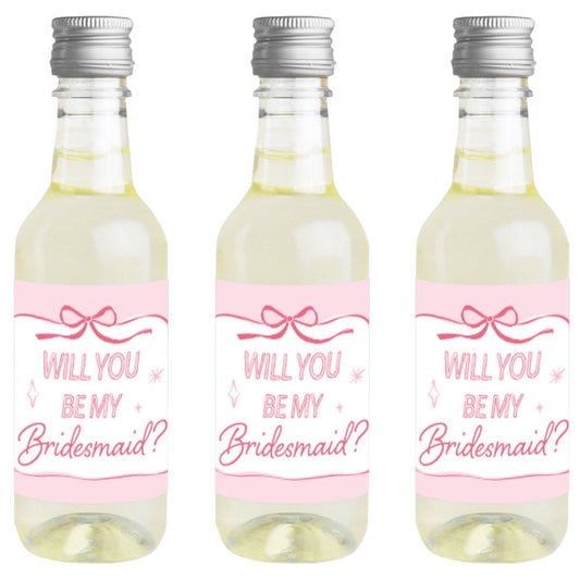 Will You Be My Bridesmaid Pink Bow Mini Wine Bottle Labels - 16 Ct