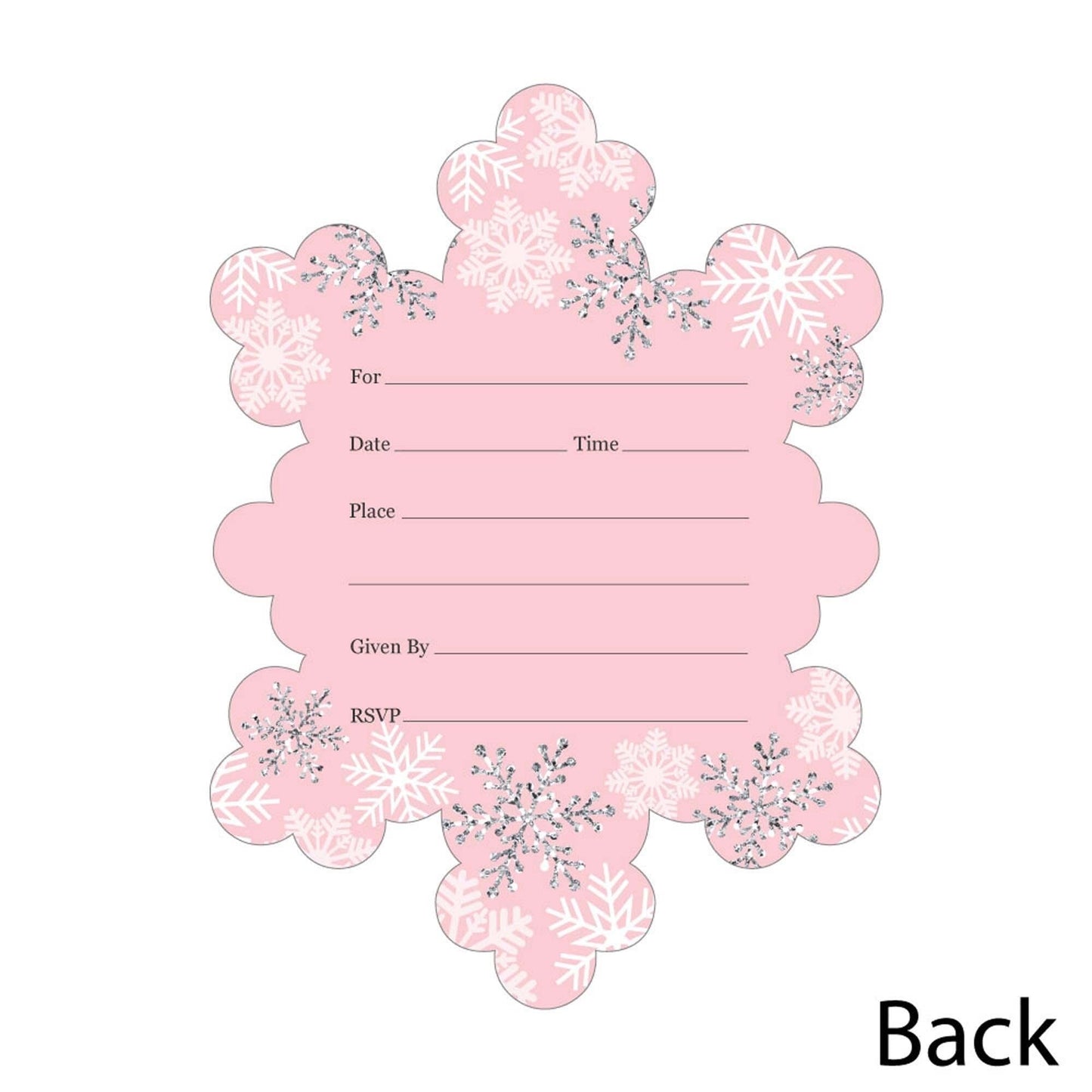 Pink Winter Wonderland - Shaped Fill-In Invitations - Holiday Snowflake Birthday Party and Baby Shower Invitation Cards with Envelopes - Set of 12