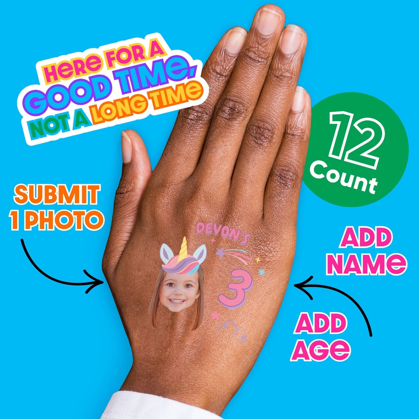 Custom Face Unicorn Temporary Tattoos - 12 Ct