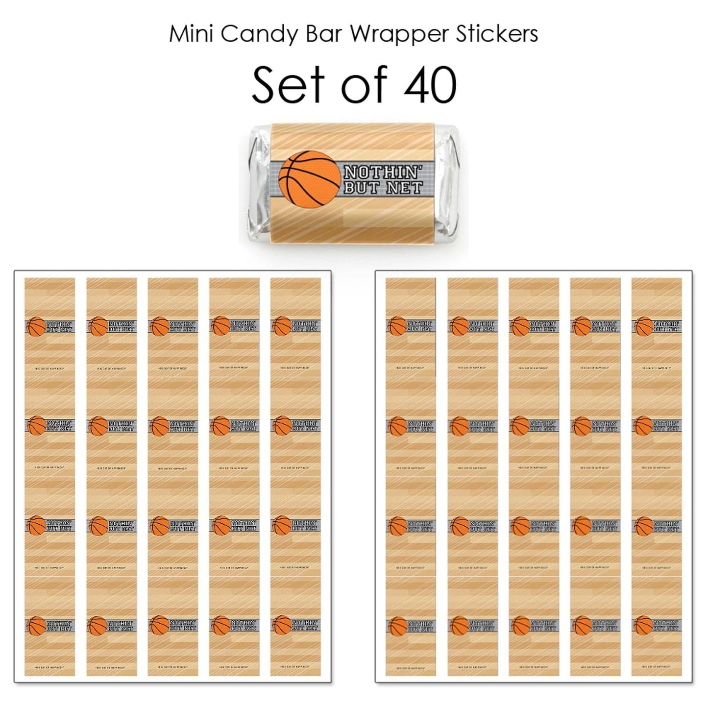 Nothin' But Net - Basketball - Mini Candy Bar Wrapper Stickers - Baby Shower or Birthday Party Small Favors - 40 Count