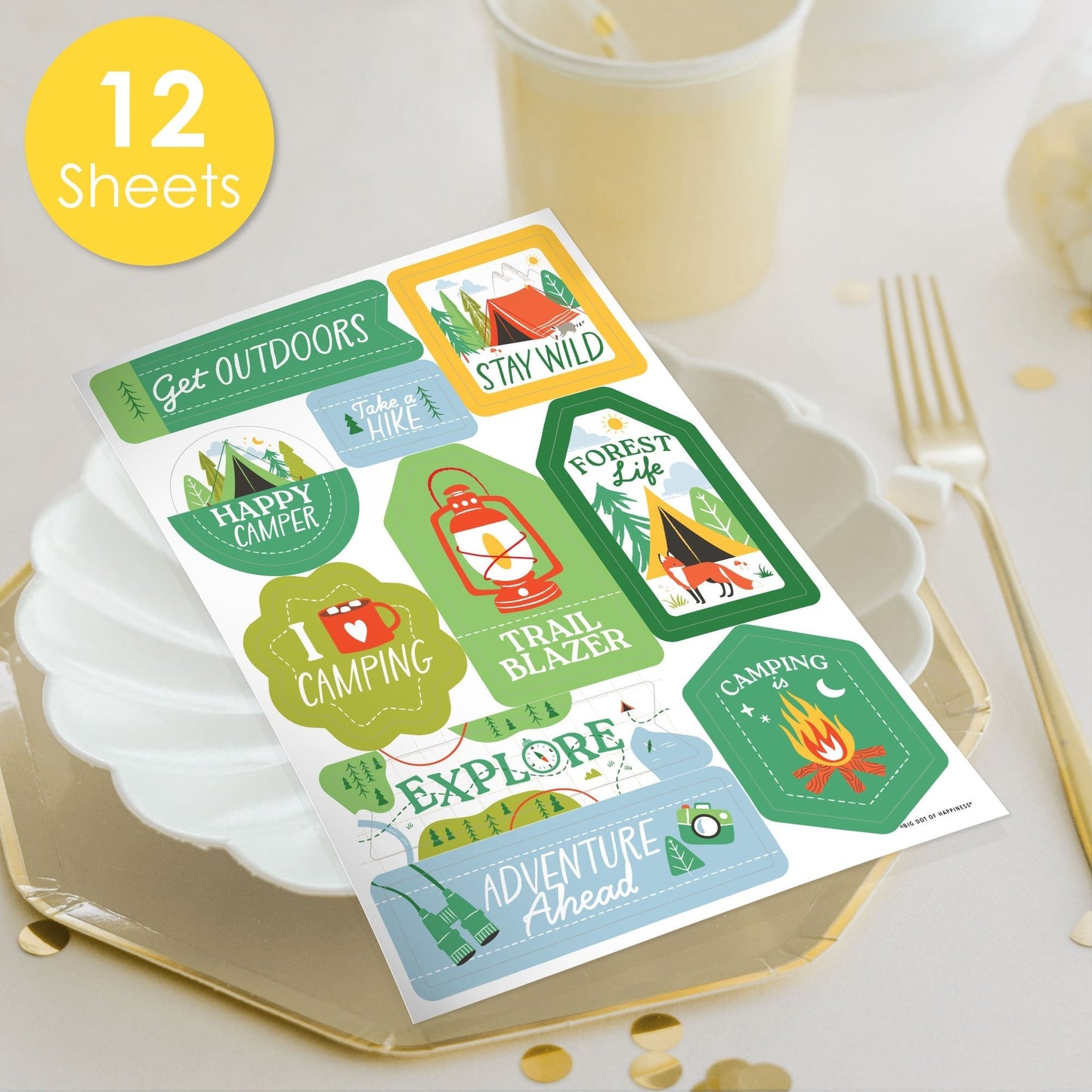 Camping Party Favor Stickers - 12 Sheets - 120 Stickers