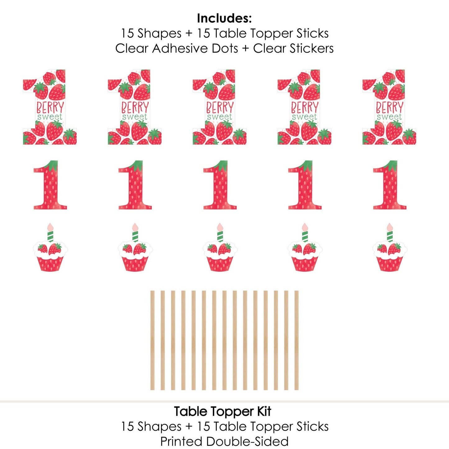 Berry First Birthday - Sweet Strawberry - Fruit 1st Birthday Party Centerpiece Sticks - Table Toppers - Set of 15
