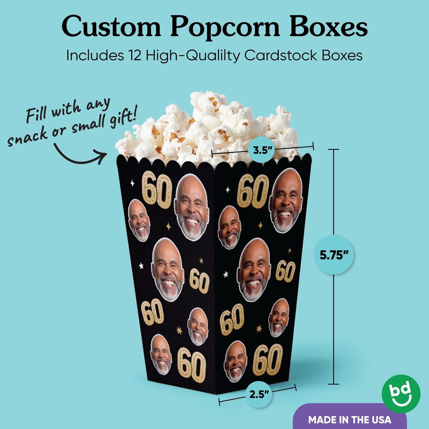 Custom Face 60th Birthday Popcorn Box - 12 Ct