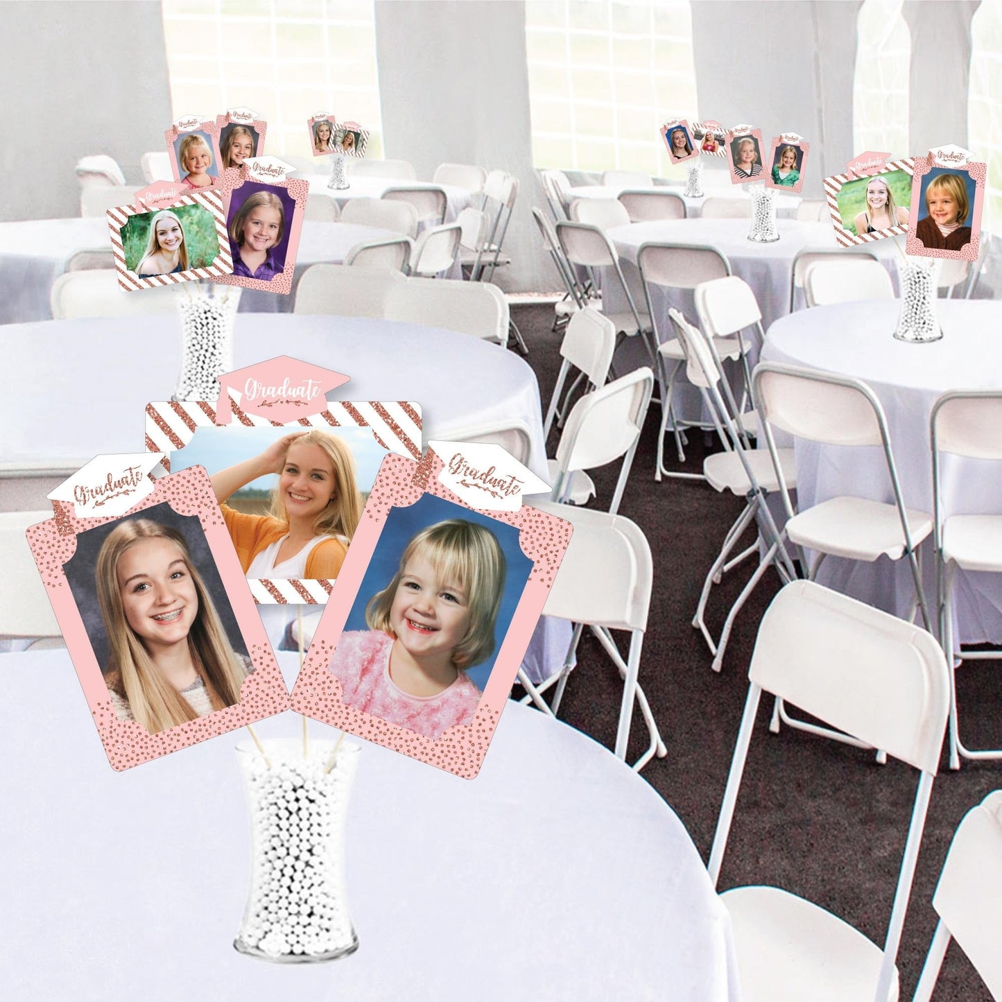 Rose Gold Grad - Graduation Party Picture Centerpiece Sticks - Photo Table Toppers - 15 Pieces