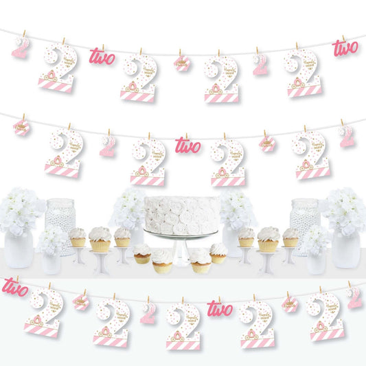 2nd Birthday Little Princess Crown - Pink and Gold Princess Second Birthday Party DIY Decorations - Clothespin Garland Banner - 44 Pieces
