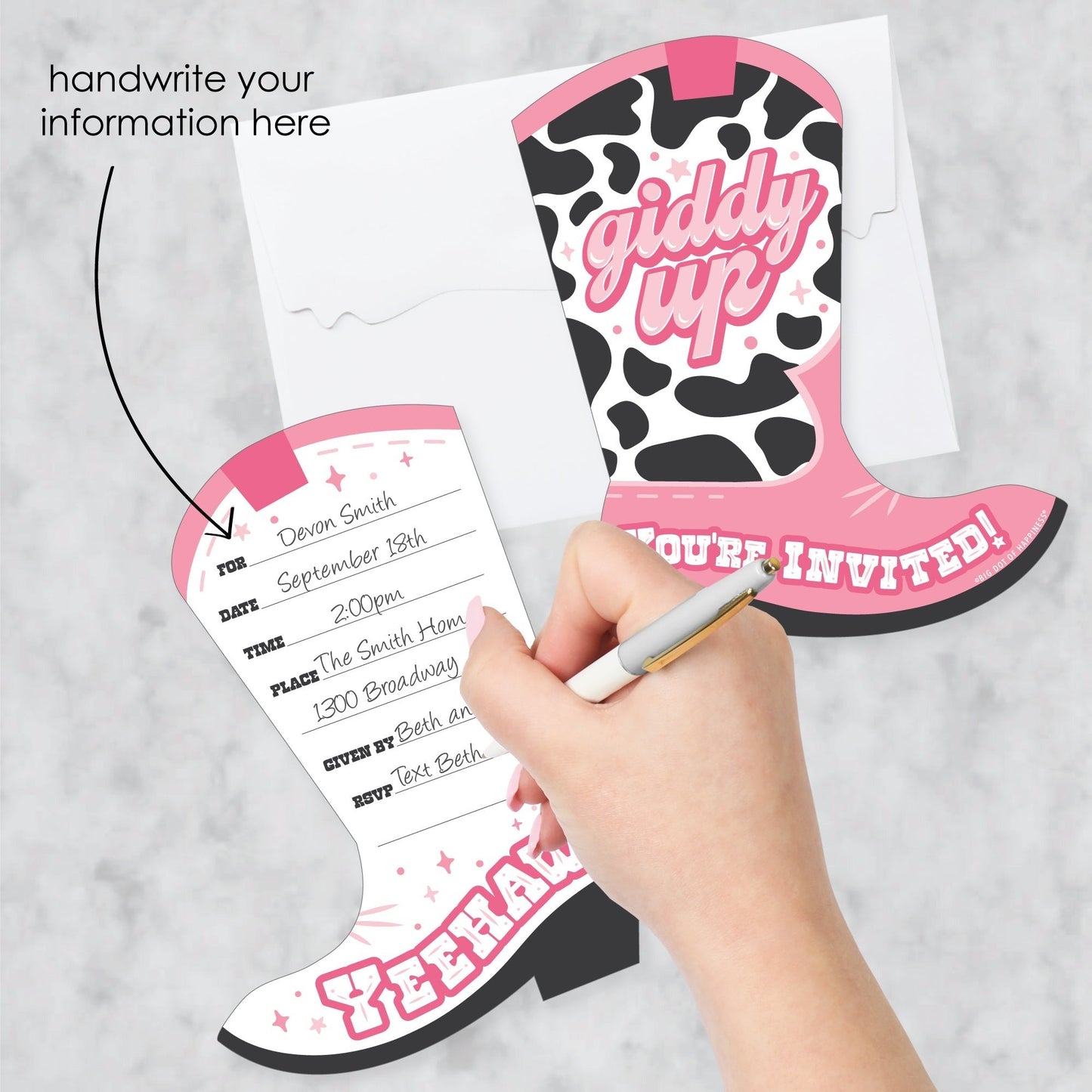 Rodeo Cowgirl - Shaped Fill-In Invitations - Pink Western Party Invitation Cards with Envelopes - Set of 12