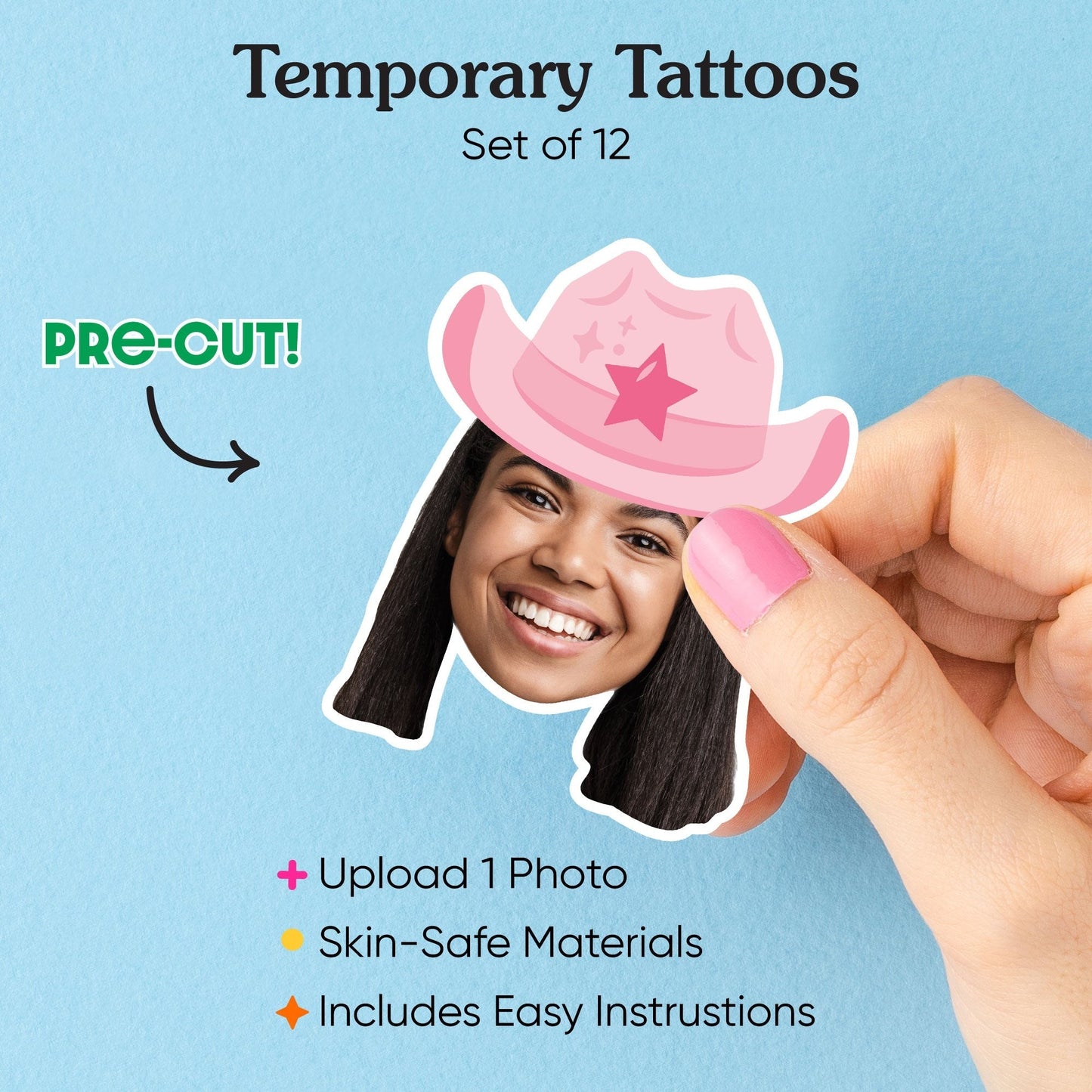 Custom Pink Cowboy Hat Temporary Tattoos - 12 Ct