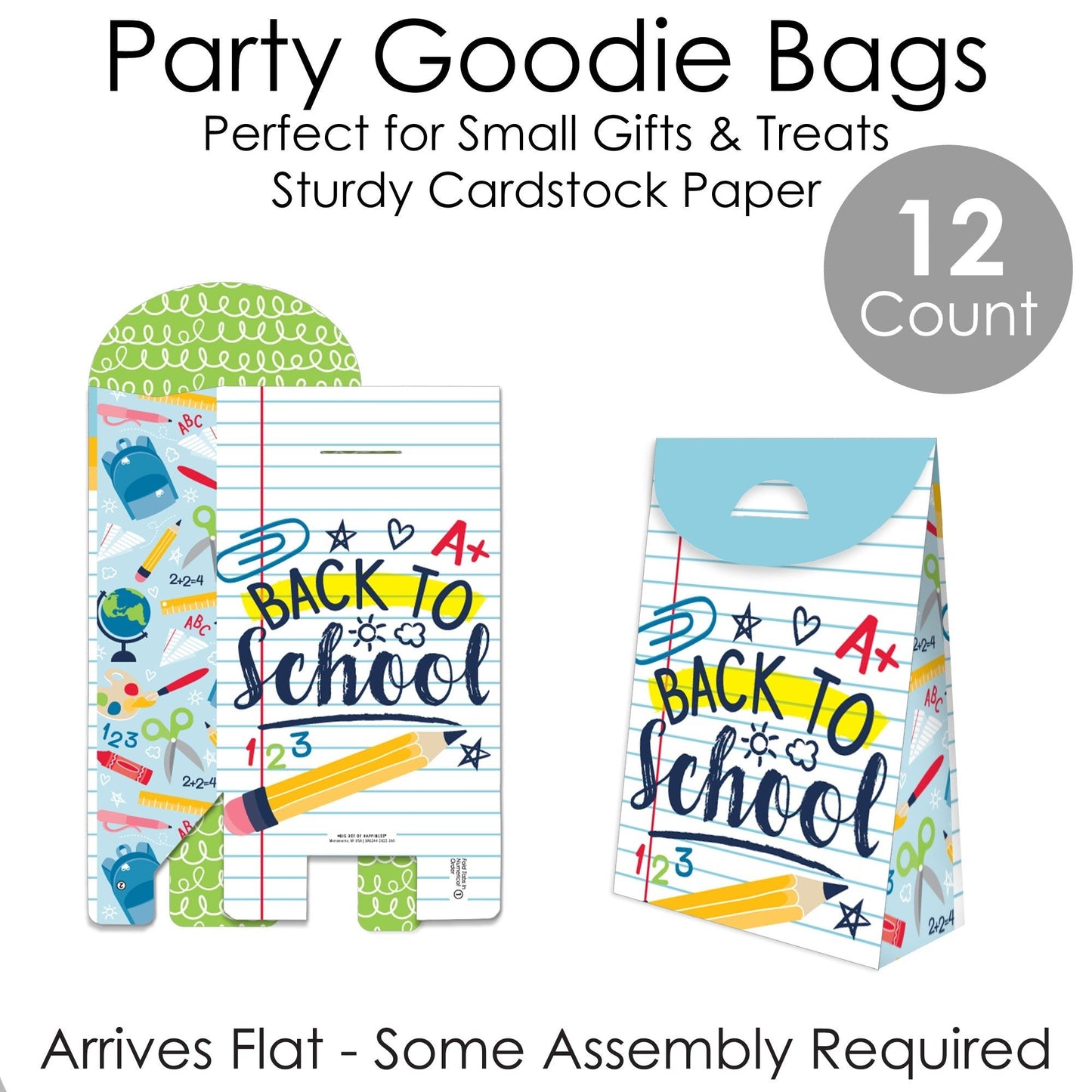 Back to School - First Day of School Classroom Gift Favor Bags - Party Goodie Boxes - Set of 12