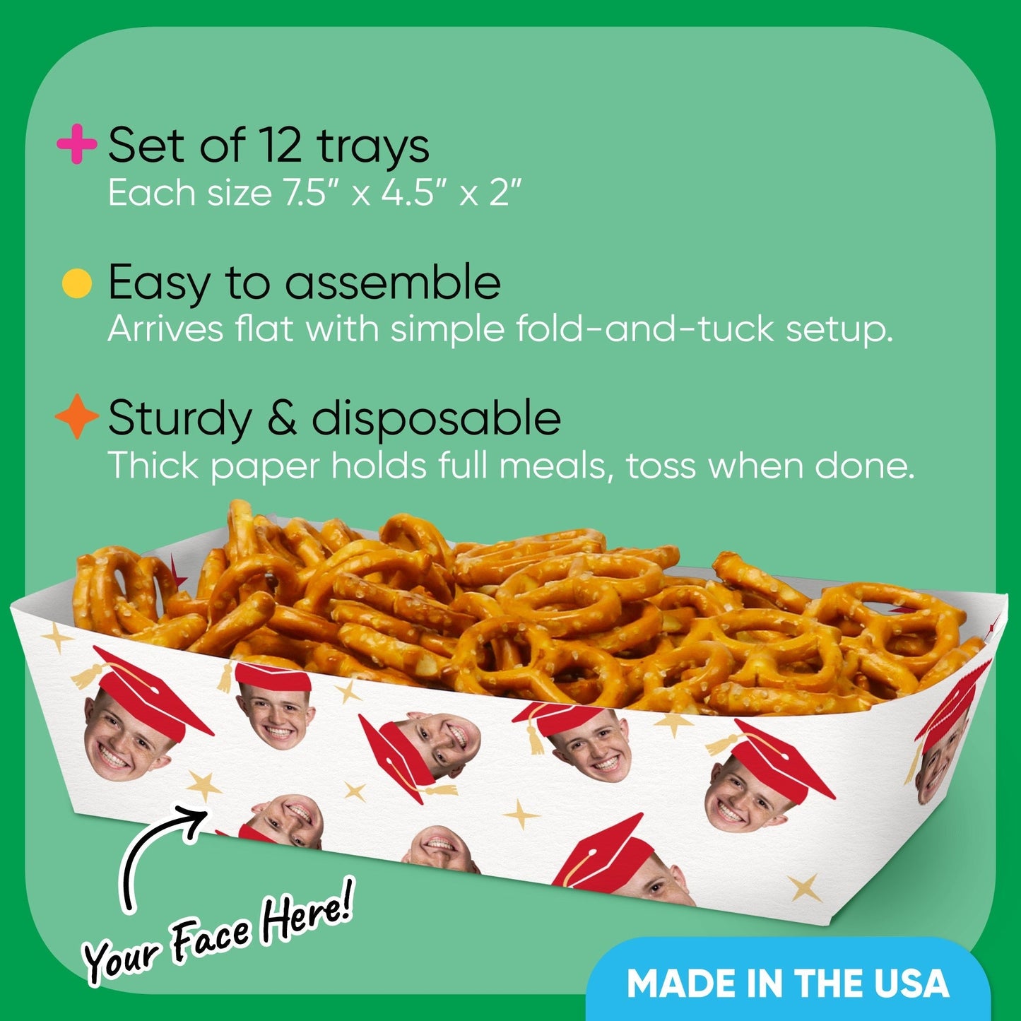 Custom Face Red Graduation Paper Food Trays - 12 Ct