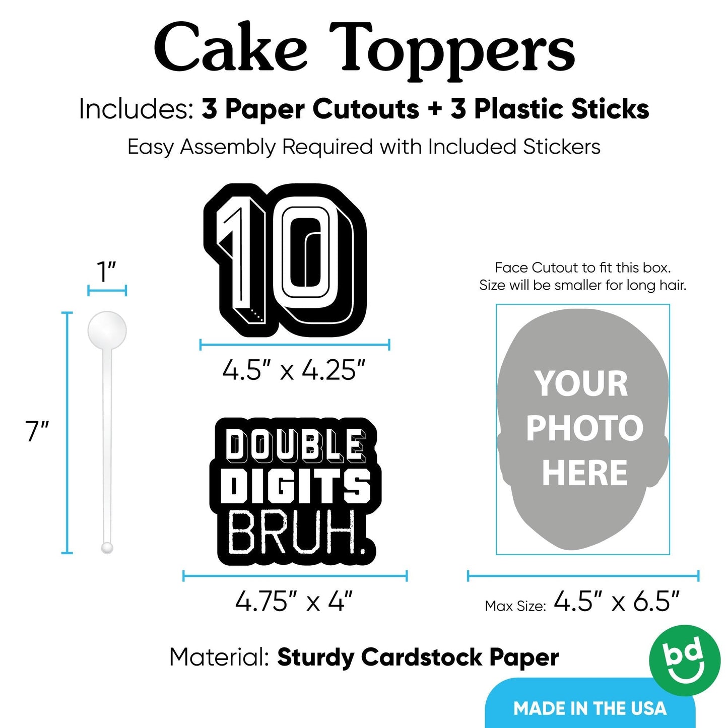 Custom Photo 10th Birthday Bruh Cake Topper - 3 Pc