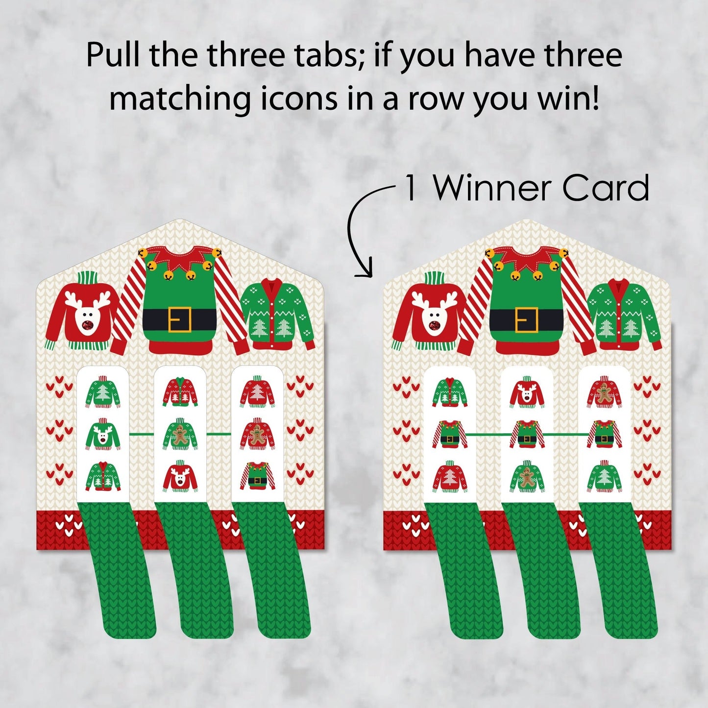 Ugly Sweater - Holiday and Christmas Party Game Pickle Cards - Pull Tabs 3-in-a-Row - Set of 12