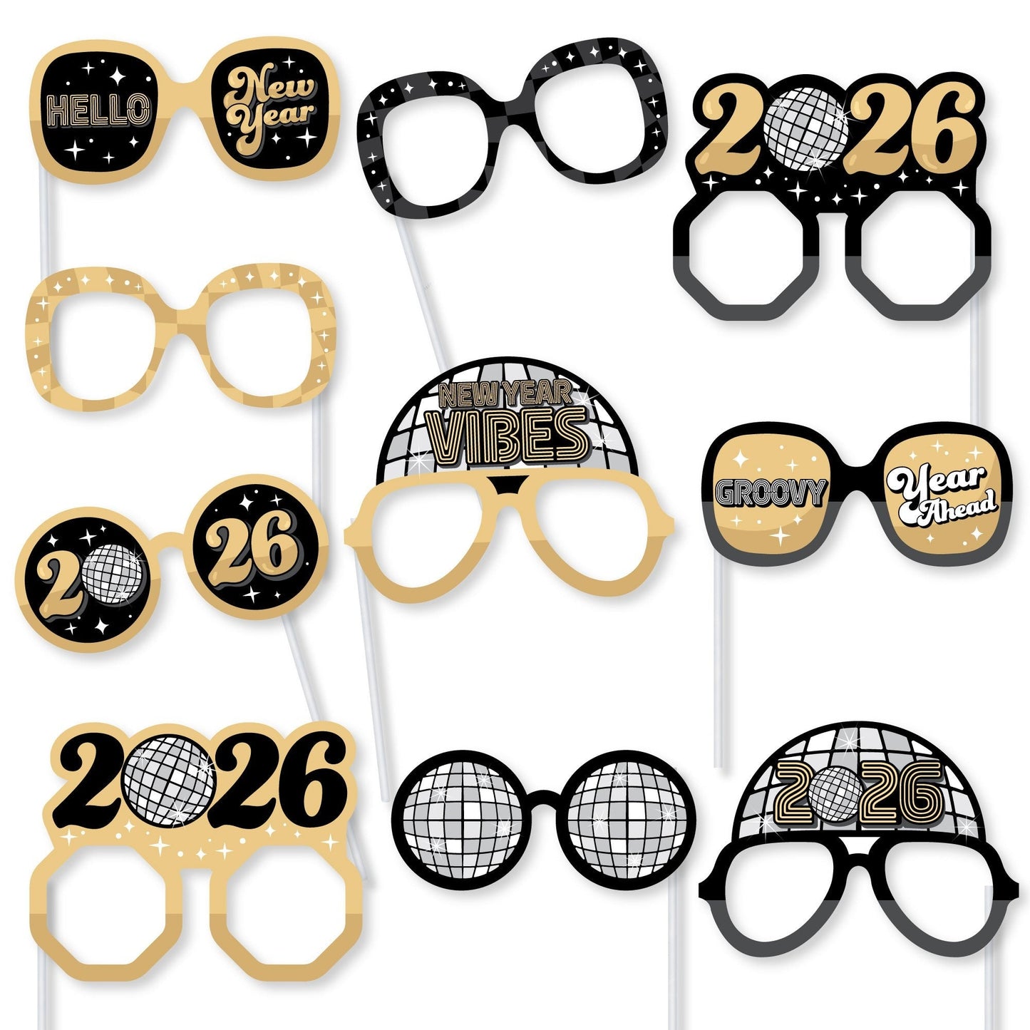 Disco New Year Glasses - Paper Card Stock Groovy 2026 NYE Party Photo Booth Props Kit - 10 Count