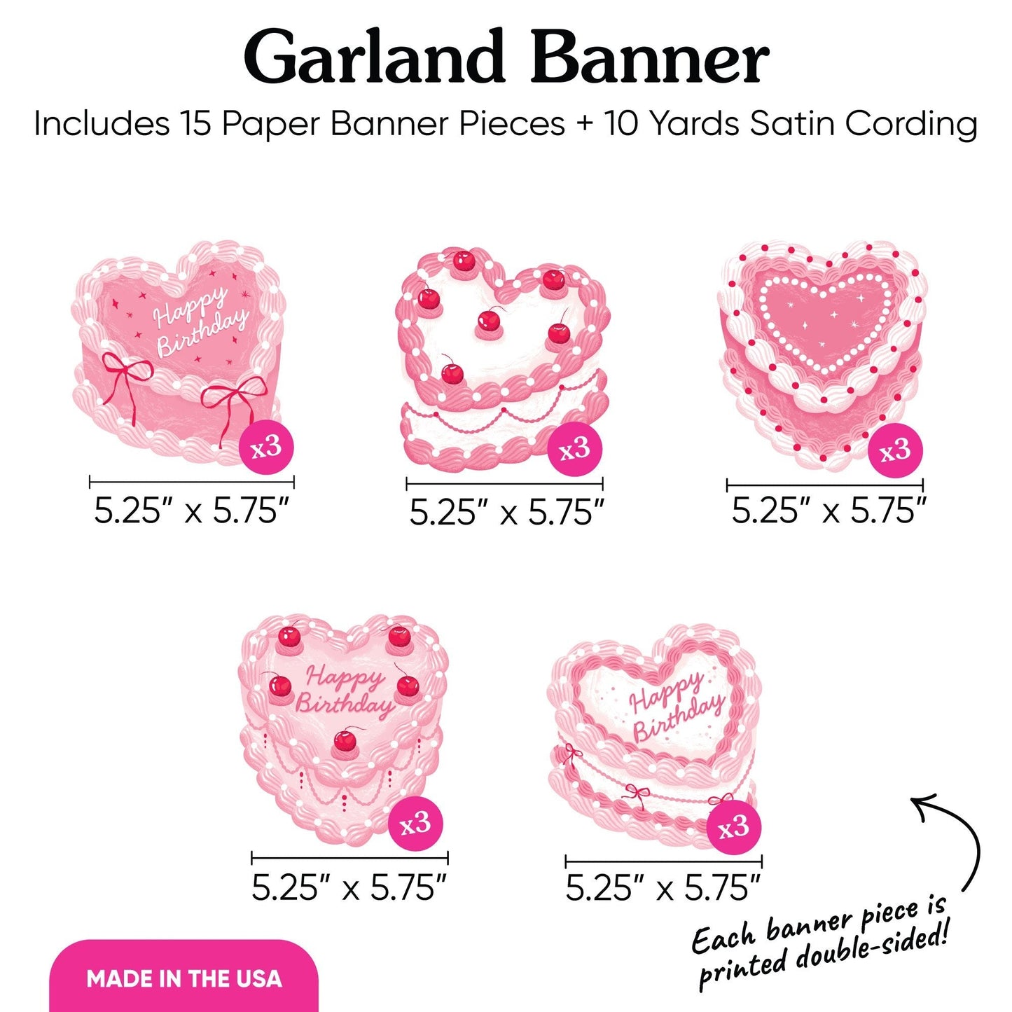 Pink Heart Cake Garland Banner - 15 Pc
