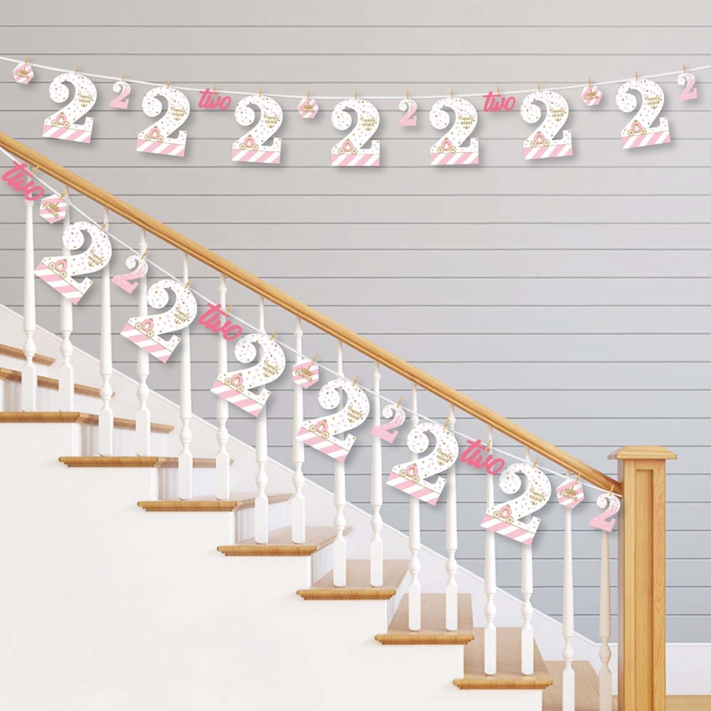 2nd Birthday Little Princess Crown - Pink and Gold Princess Second Birthday Party DIY Decorations - Clothespin Garland Banner - 44 Pieces