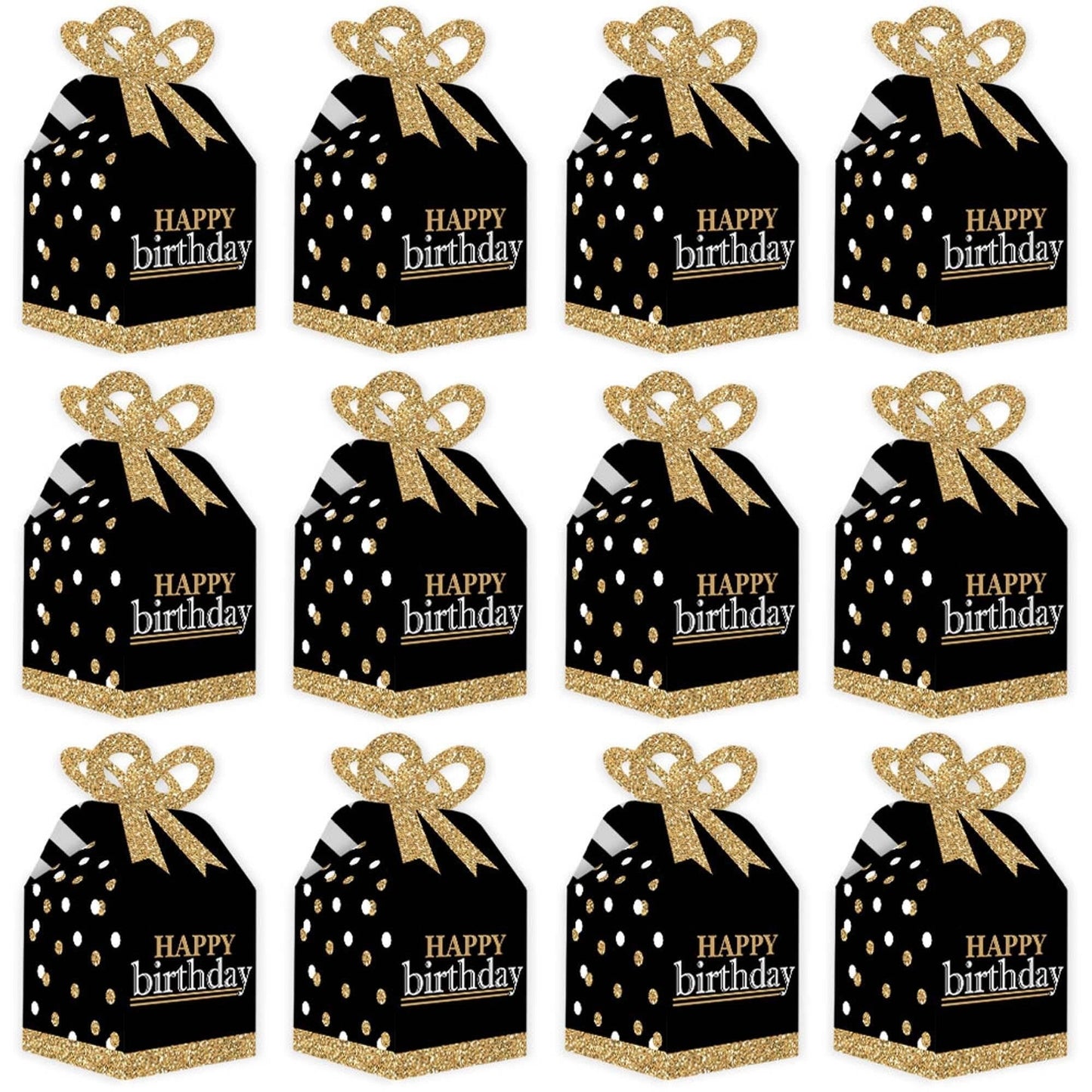 Adult Happy Birthday - Gold - Square Favor Gift Boxes - Birthday Party Bow Boxes - Set of 12
