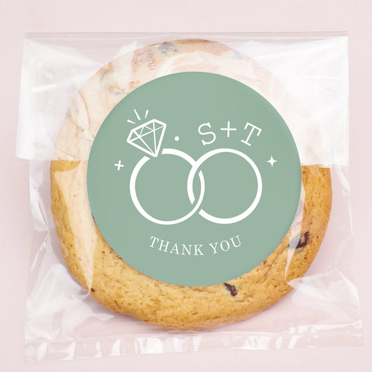 Custom Text Stickers & Clear Cookie Bags - Sage Green Wedding Rings