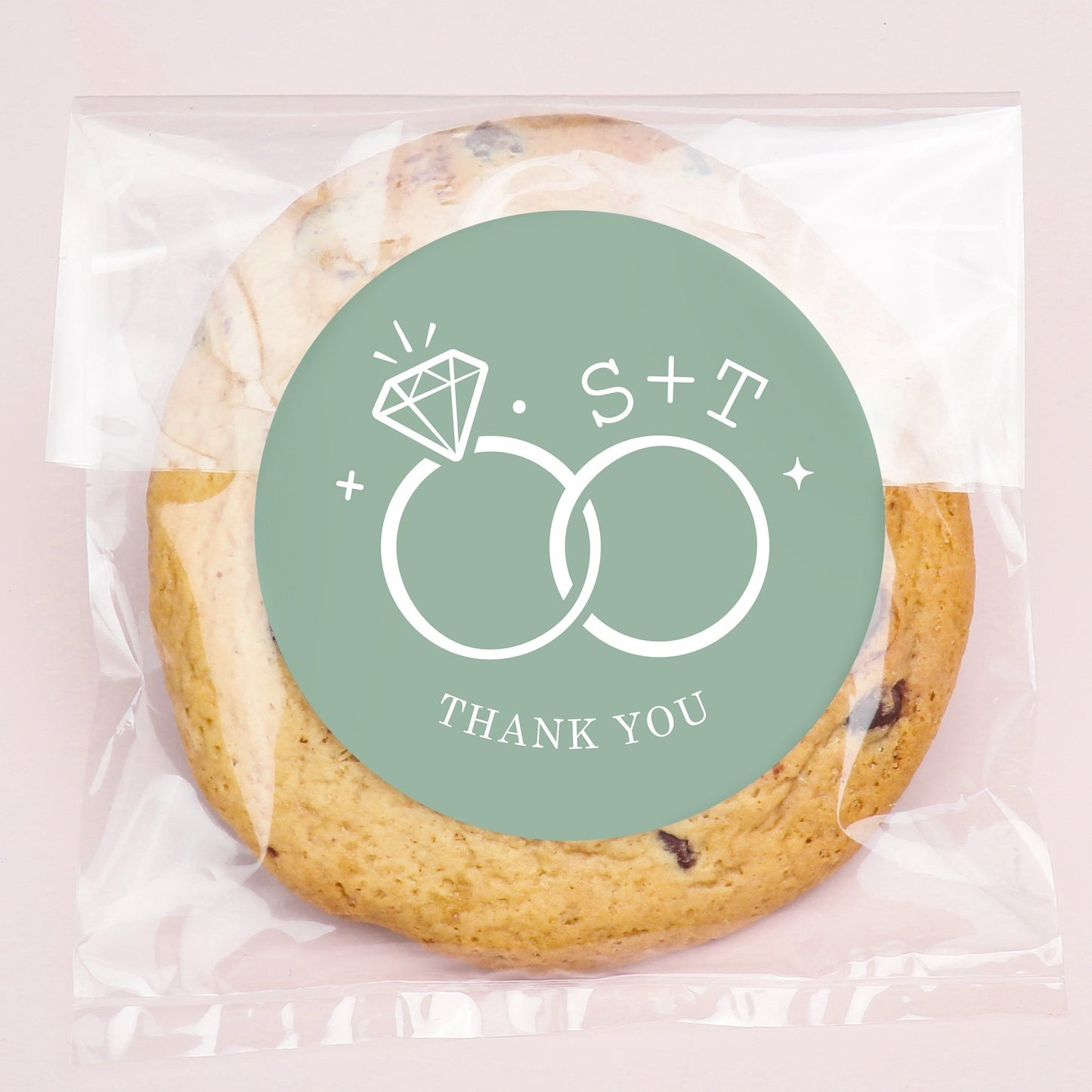 Custom Text Stickers & Clear Cookie Bags - Sage Green Wedding Rings