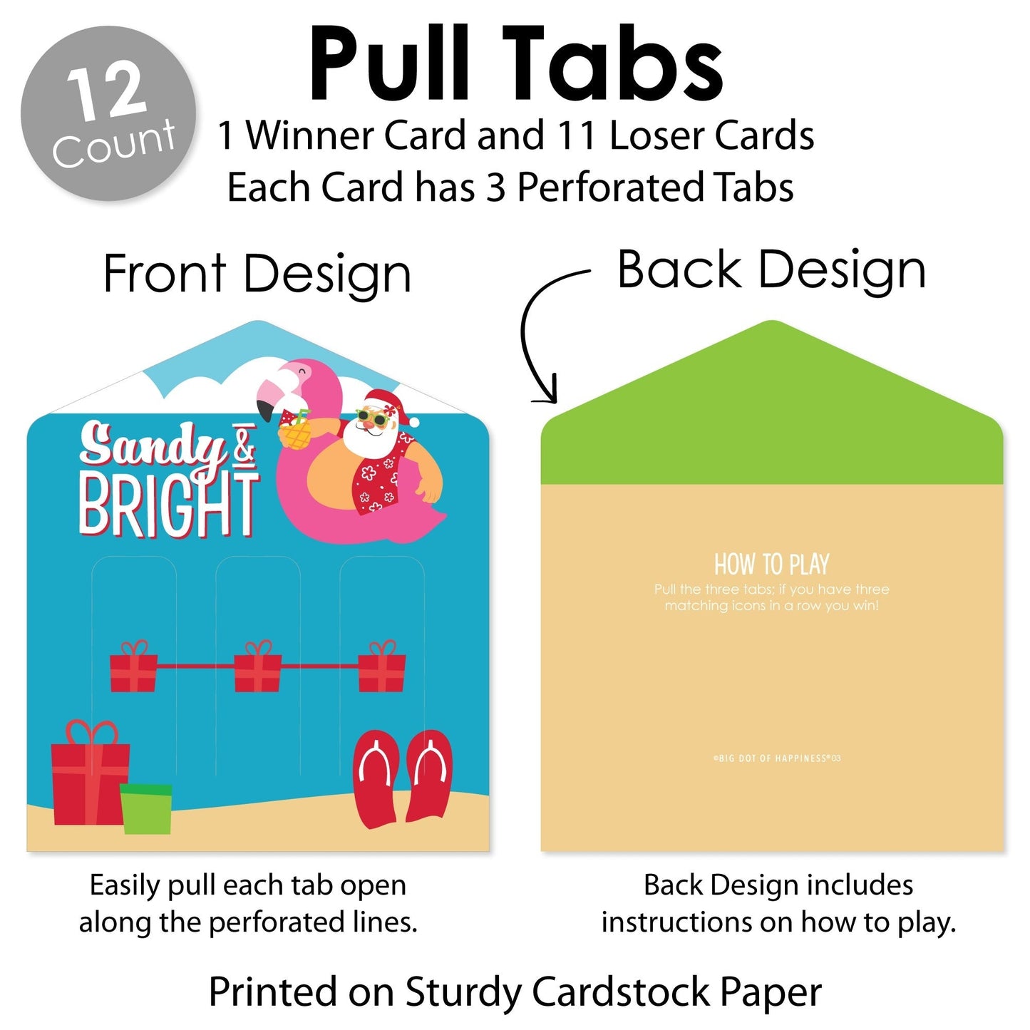 Tropical Christmas - Beach Santa Holiday Party Game Pickle Cards - Pull Tabs 3-in-a-Row - Set of 12