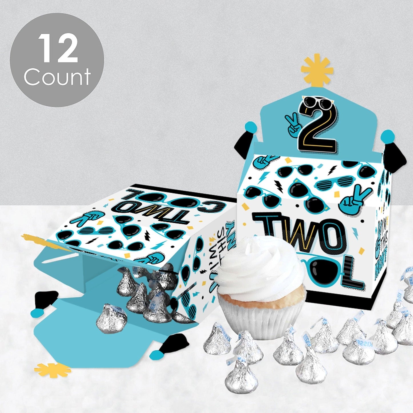Two Cool - Boy - Treat Box Party Favors - Blue 2nd Birthday Party Goodie Gable Boxes - Set of 12