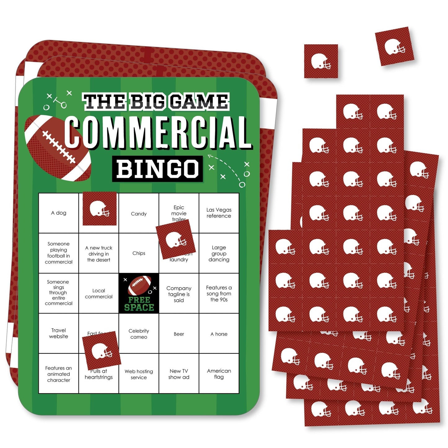 The Big Game - Commercial Bingo Cards and Markers - Football Party Shaped Bingo Game - Set of 18