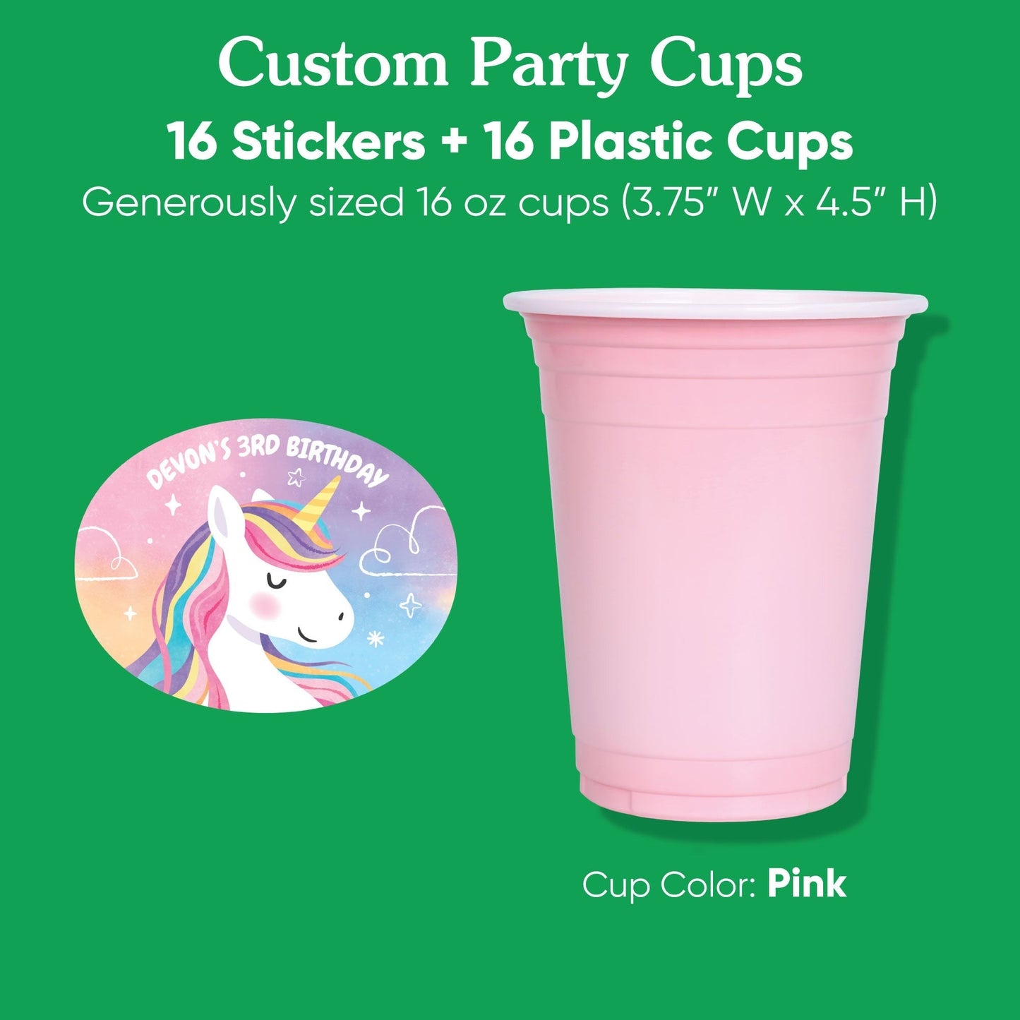 Custom Text Party Cups - Unicorn - 16 Ct
