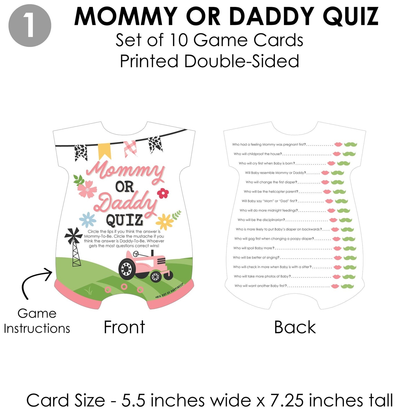 Girl Farm Animals - 4 Pink Barnyard Baby Shower Games - 10 Cards Each - Who Knows Mommy Best, Mommy or Daddy Quiz, What’s in Your Purse and Oh Baby - Gamerific Bundle