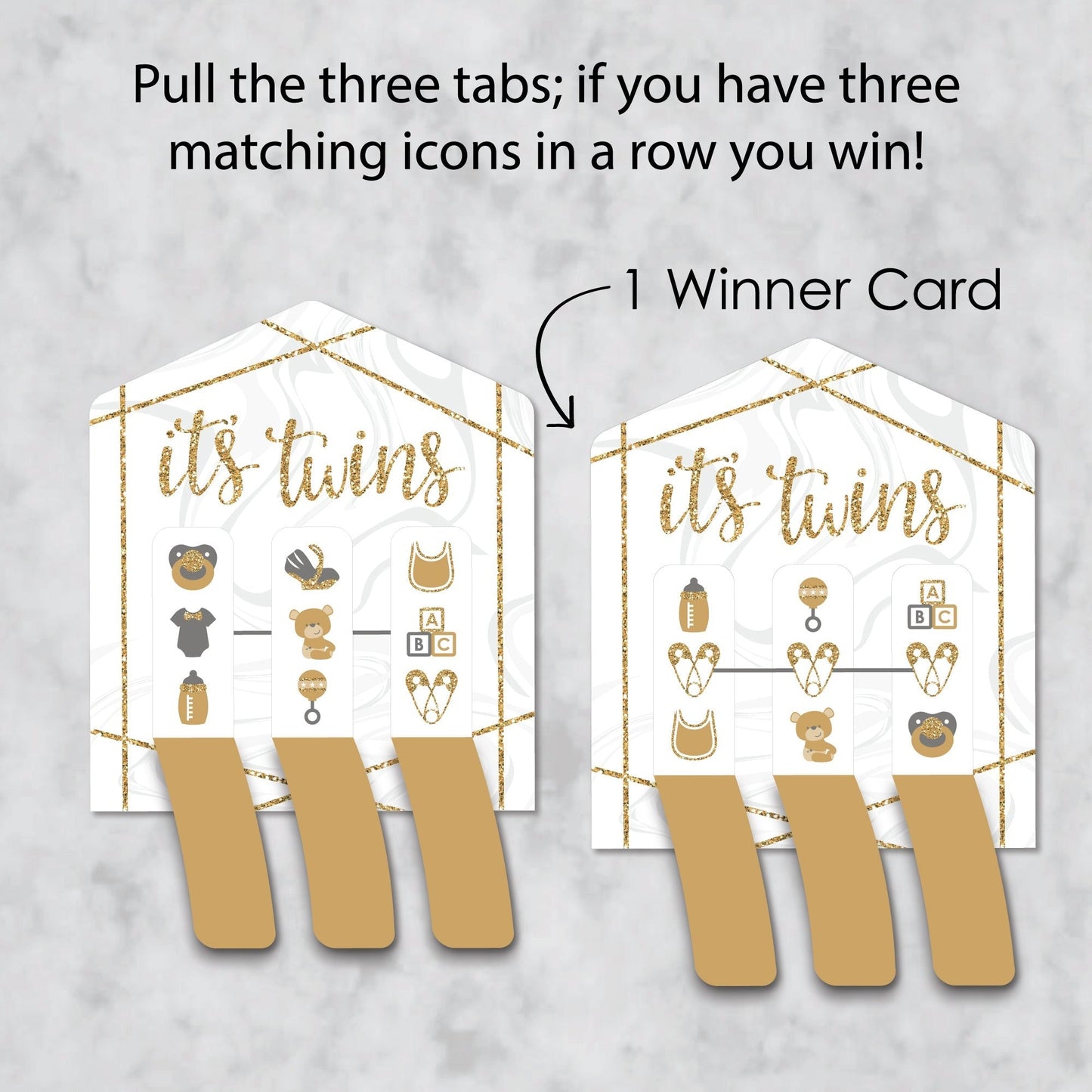 It's Twins - Gold Twins Baby Shower Game Pickle Cards - Pull Tabs 3-in-a-Row - Set of 12