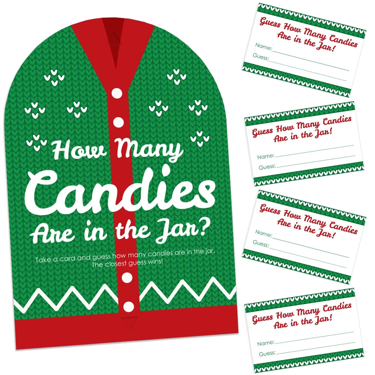 Ugly Sweater - How Many Candies Holiday and Christmas Party Game - 1 Stand and 40 Cards - Candy Guessing Game