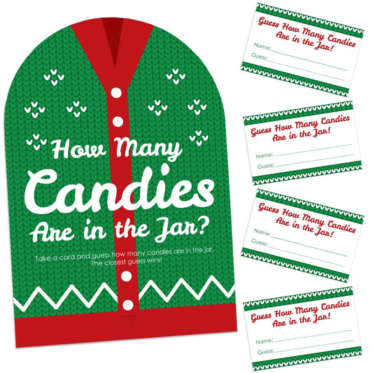 Ugly Sweater - How Many Candies Holiday and Christmas Party Game - 1 Stand and 40 Cards - Candy Guessing Game