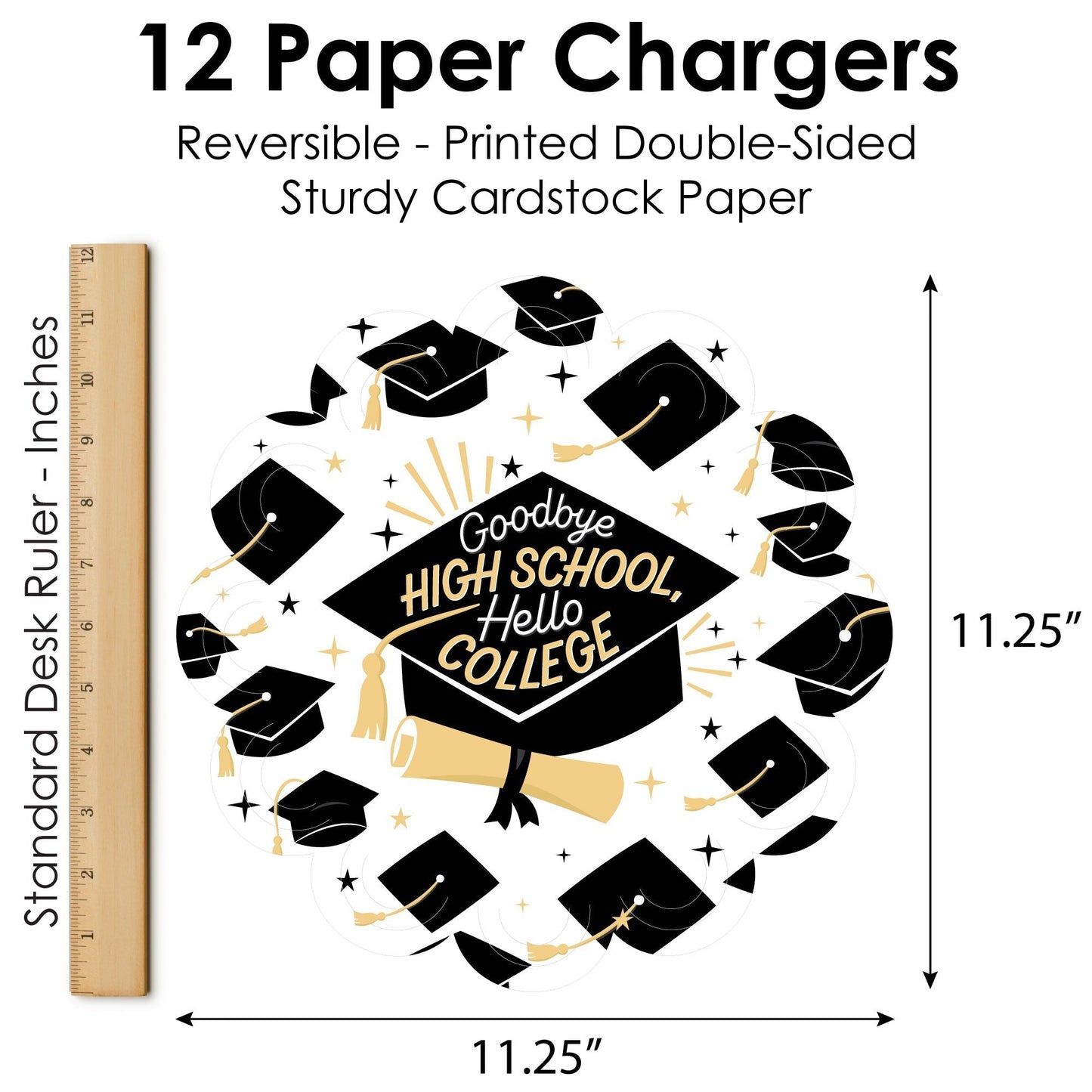 Goodbye High School, Hello College - Graduation Party Round Table Decorations - Paper Chargers - Place Setting For 12