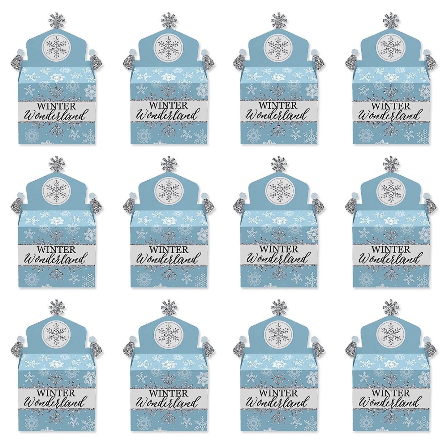Winter Wonderland - Treat Box Party Favors - Snowflake Holiday Birthday Party and Baby Shower Goodie Gable Boxes - Set of 12