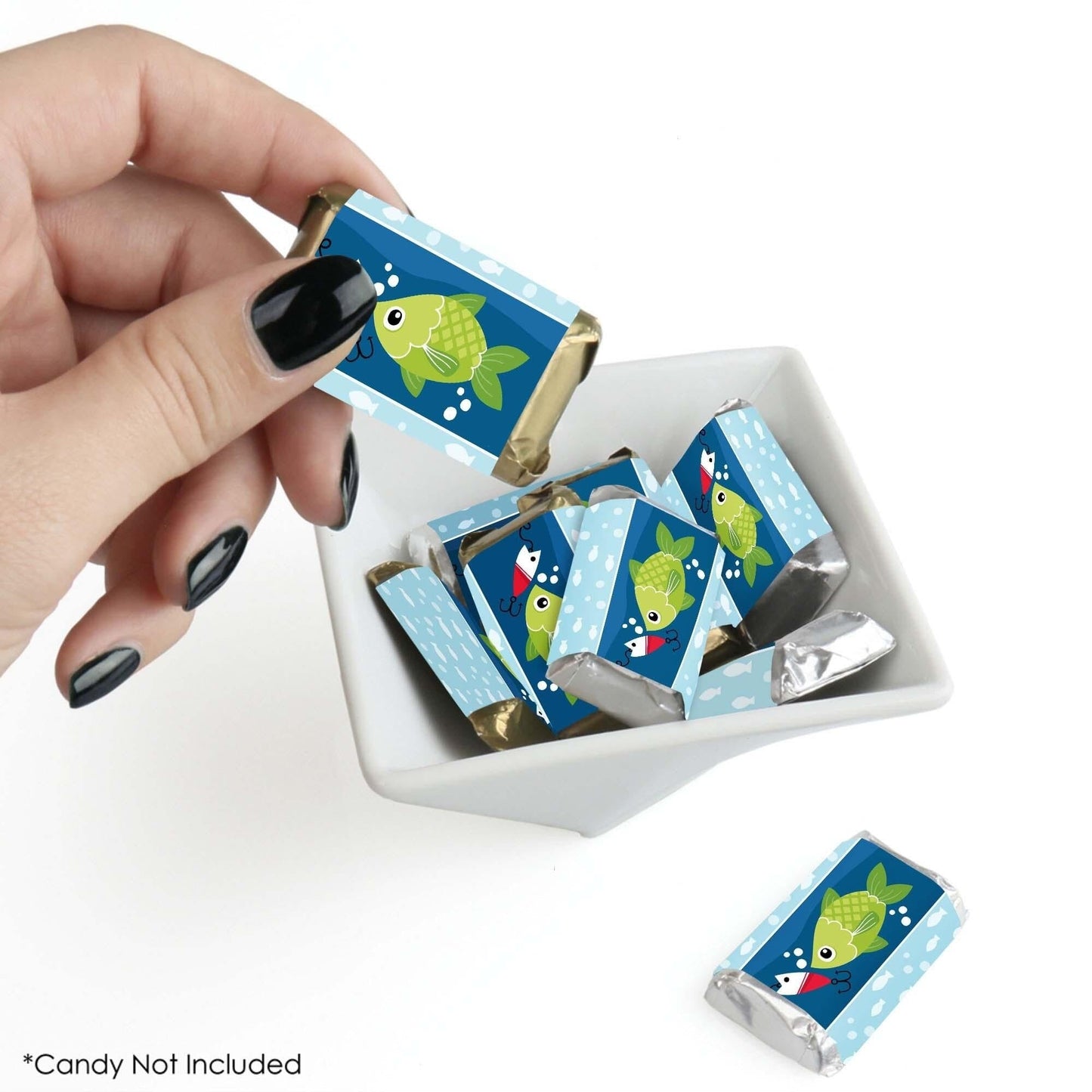 Let's Go Fishing - Mini Candy Bar Wrapper Stickers - Fish Themed Party or Birthday Party Small Favors - 40 Count