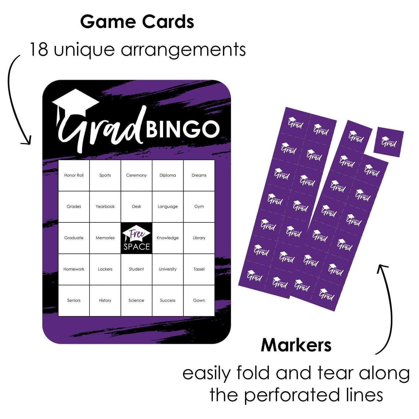 Purple Grad - Best is Yet to Come - Bingo Cards and Markers - Purple Graduation Party Shaped Bingo Game - Set of 18