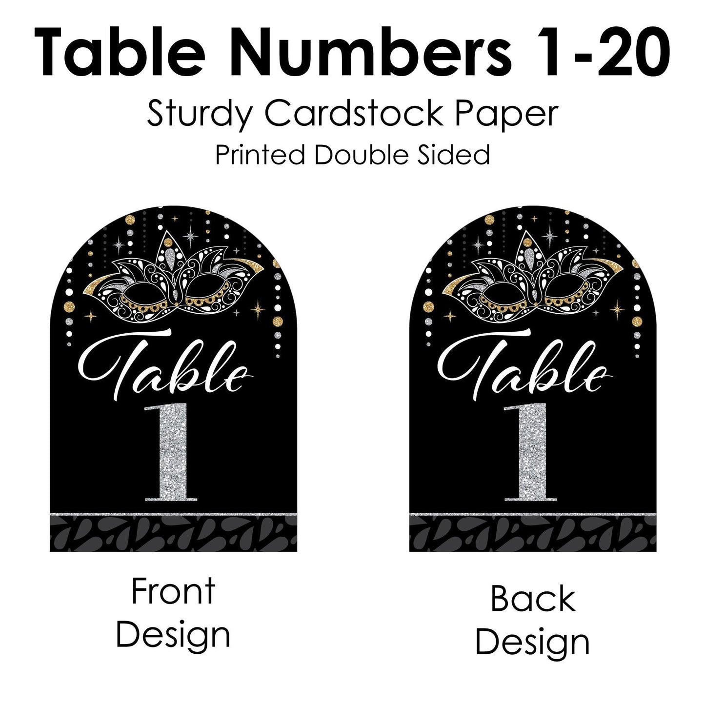 Masquerade - Venetian Mask Party Double-Sided 5 x 7 inches Cards - Table Numbers - 1-20