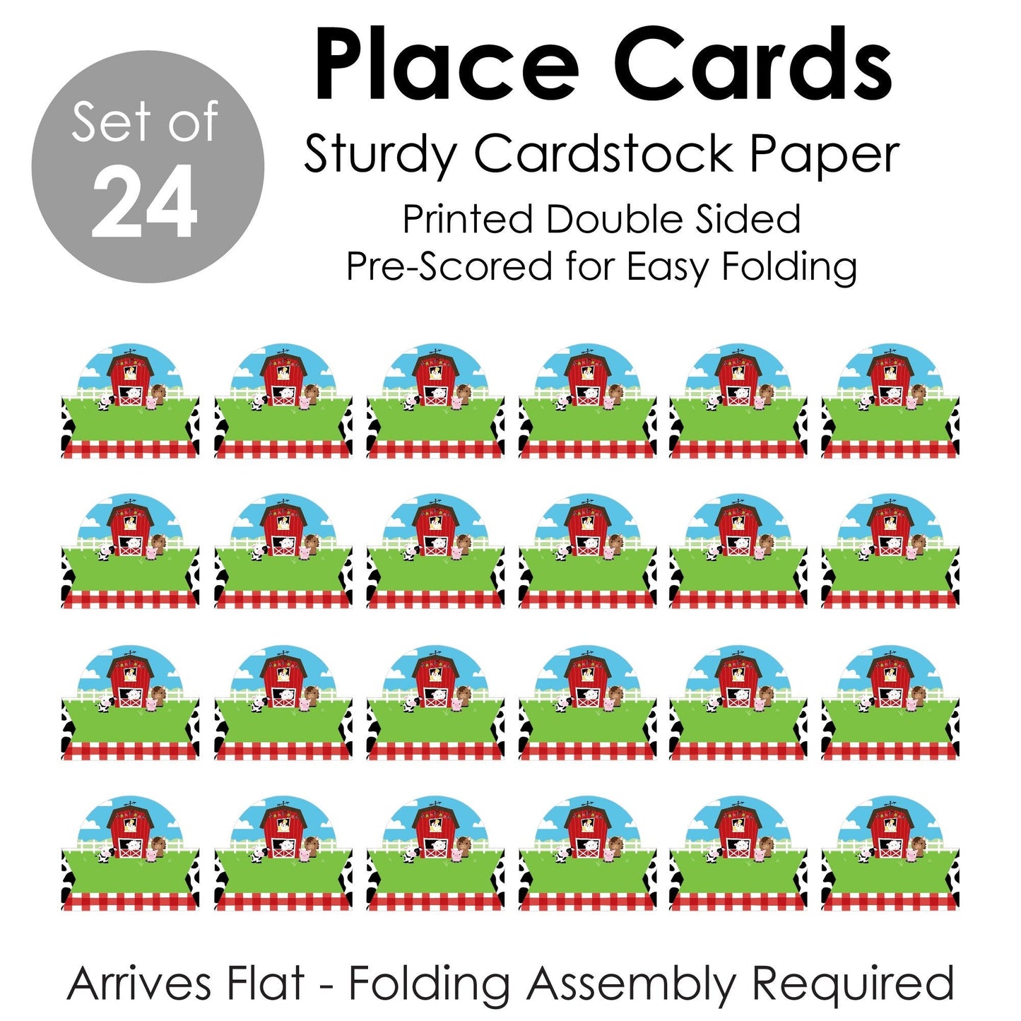 Farm Animals - Barnyard Baby Shower or Birthday Party Tent Buffet Card - Table Setting Name Place Cards - Set of 24