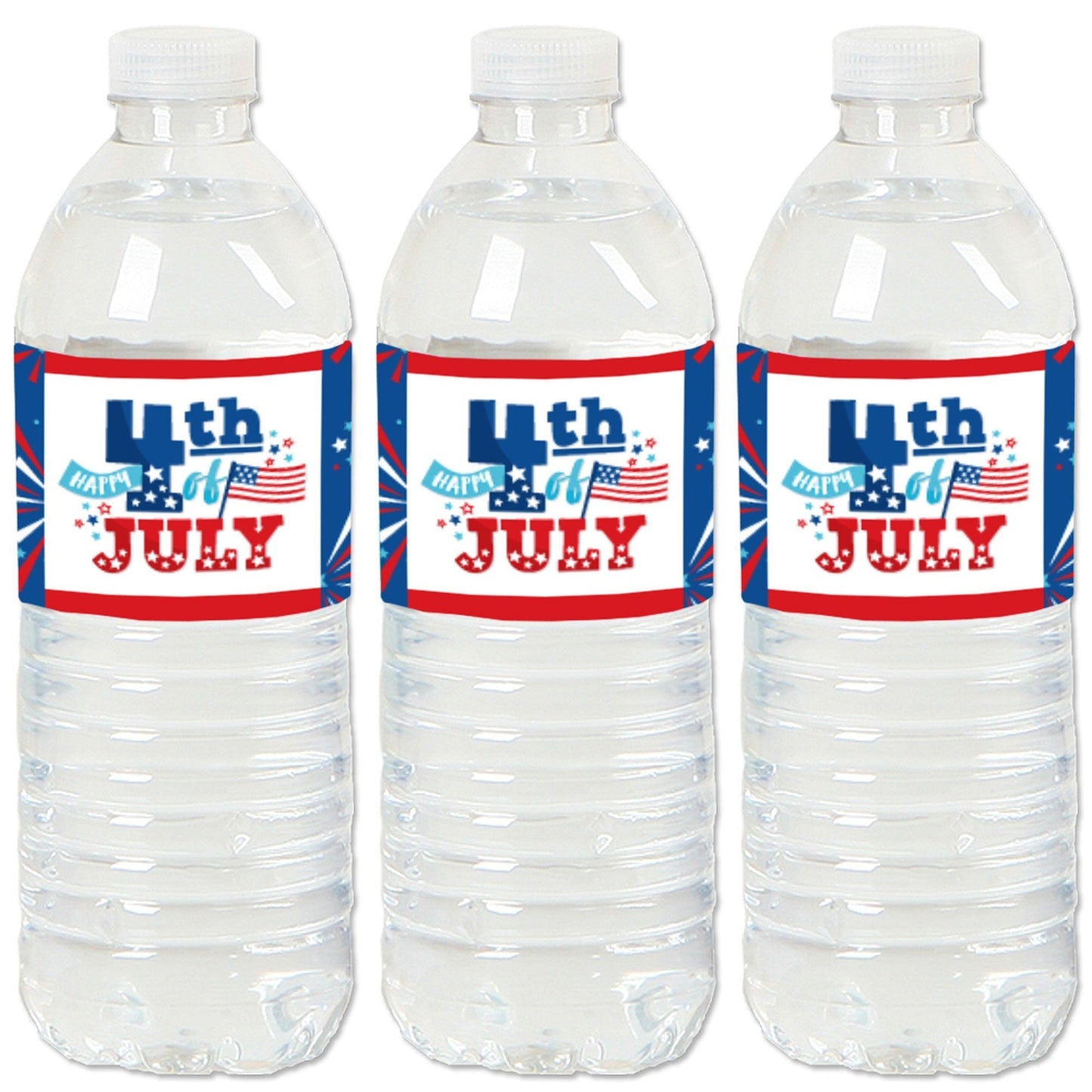 Firecracker 4th of July - Red, White and Royal Blue Party Water Bottle Sticker Labels - Set of 20