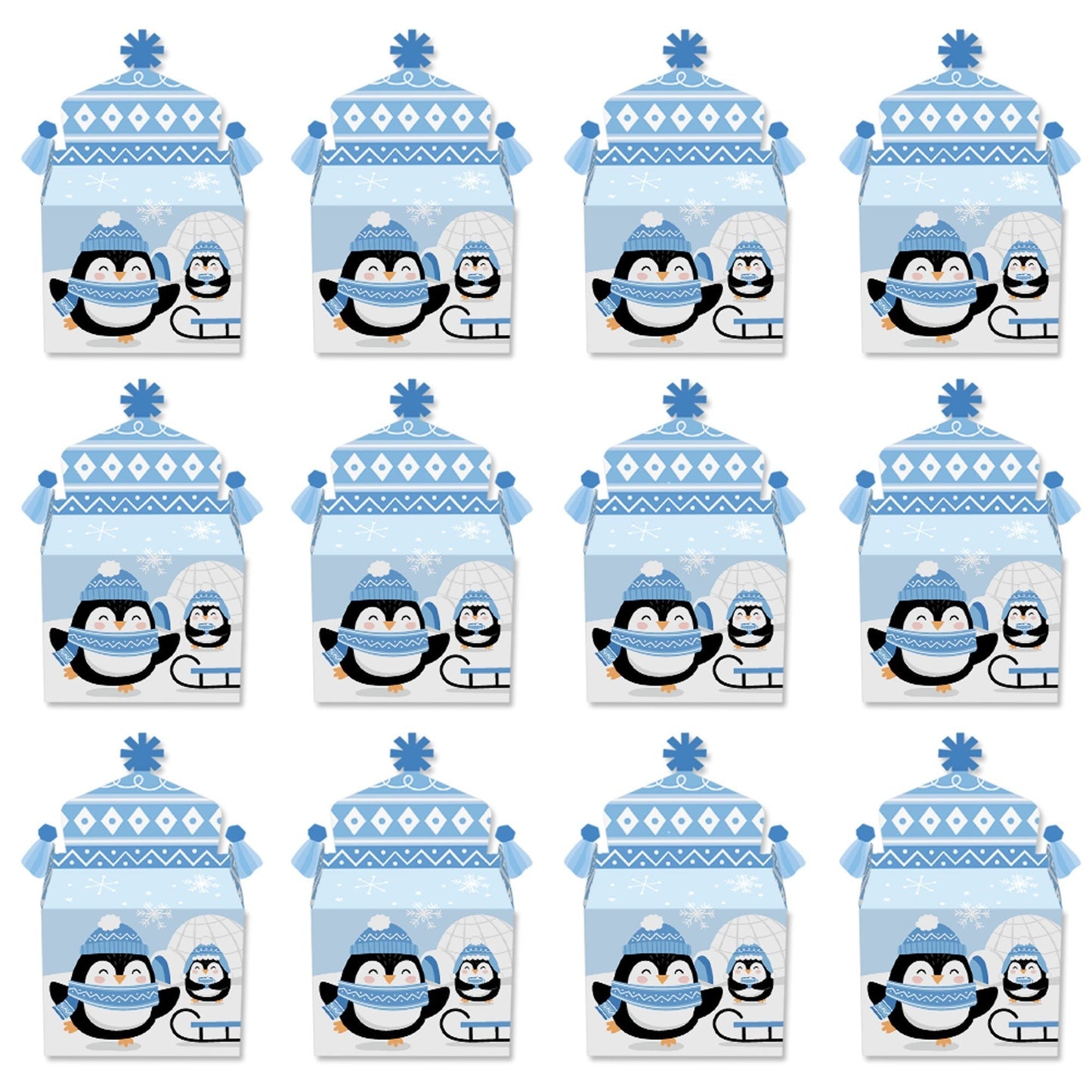 Winter Penguins - Treat Box Party Favors - Holiday and Christmas Party Goodie Gable Boxes - Set of 12