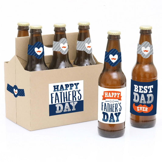 Happy Father's Day - We Love Dad Party Decorations for Women and Men - 6 Beer Bottle Label Stickers and 1 Carrier