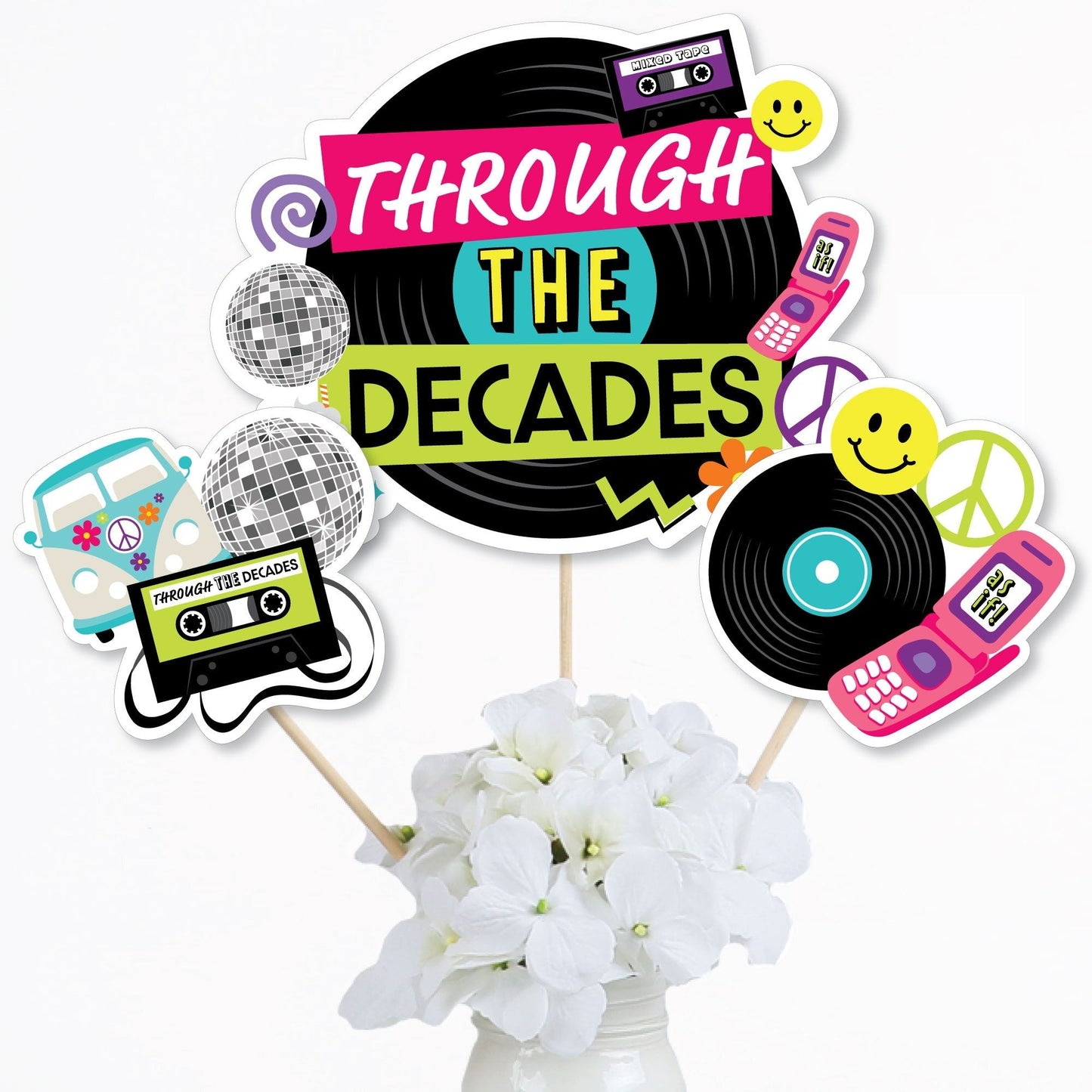 Through the Decades - 50s, 60s, 70s, 80s, and 90s Party Centerpiece Sticks - Table Toppers - Set of 15