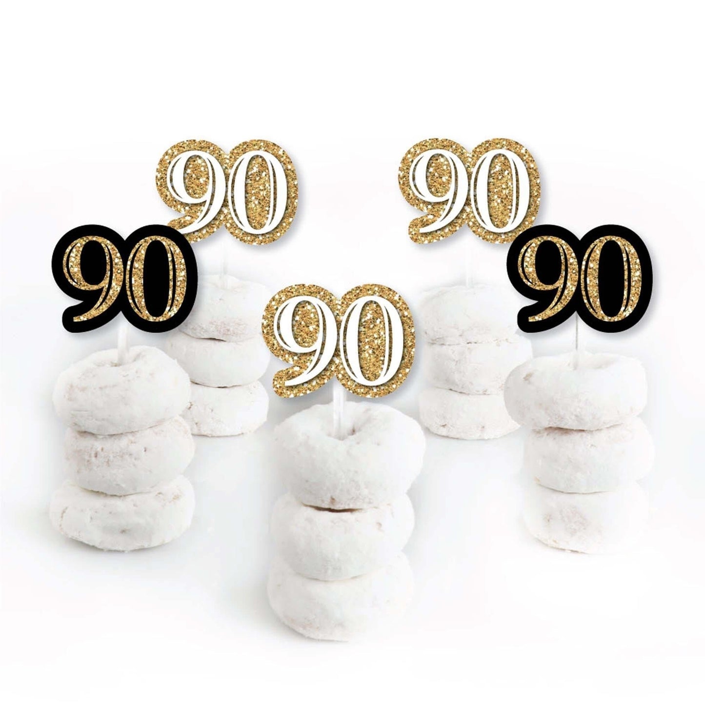 Adult 90th Birthday - Gold - Dessert Cupcake Toppers - Birthday Party Clear Treat Picks - Set of 24