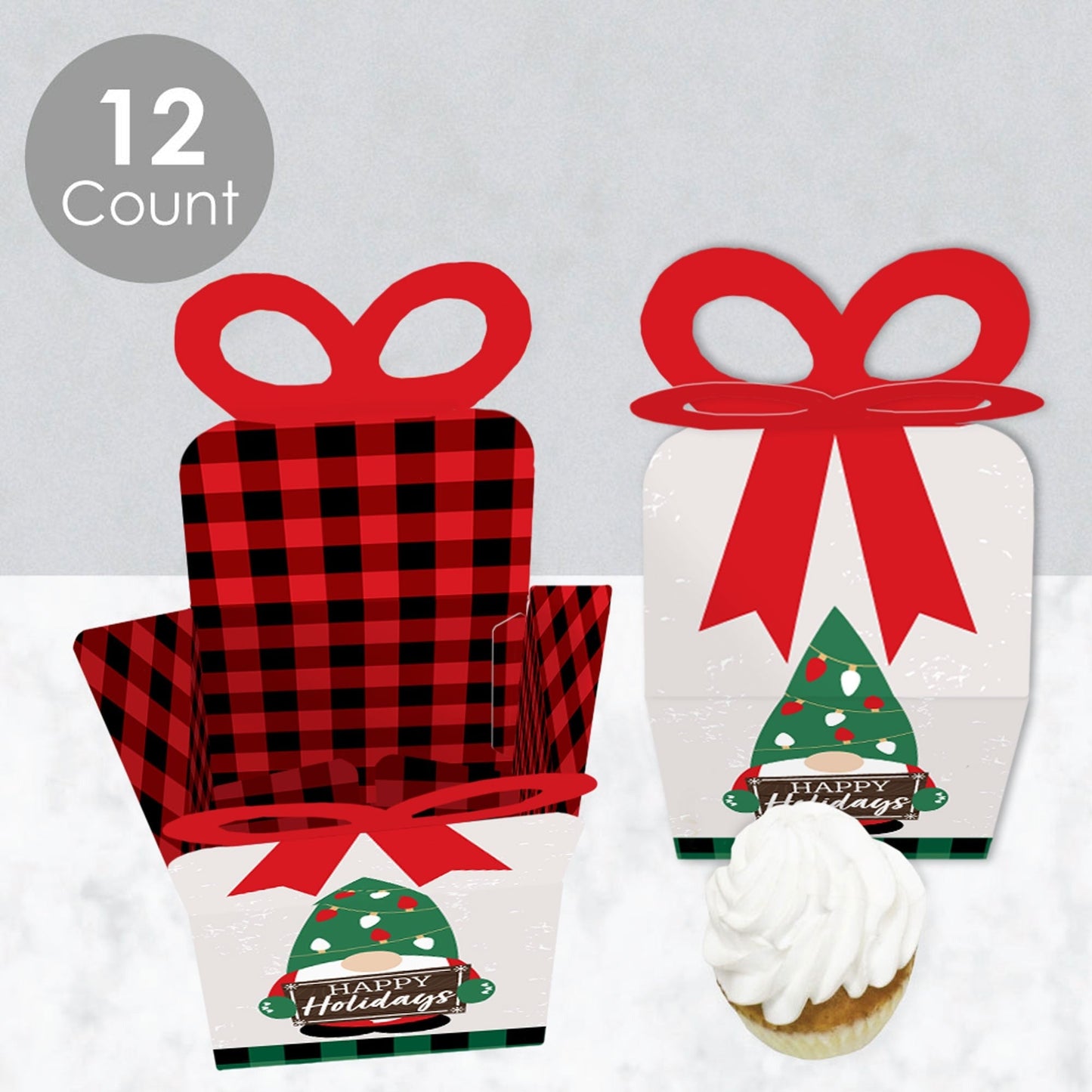 Red and Green Holiday Gnomes - Square Favor Gift Boxes - Christmas Party Bow Boxes - Set of 12