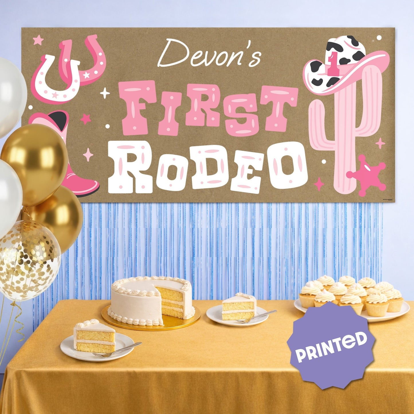 Custom Text Pink My First Rodeo Kraft Banner