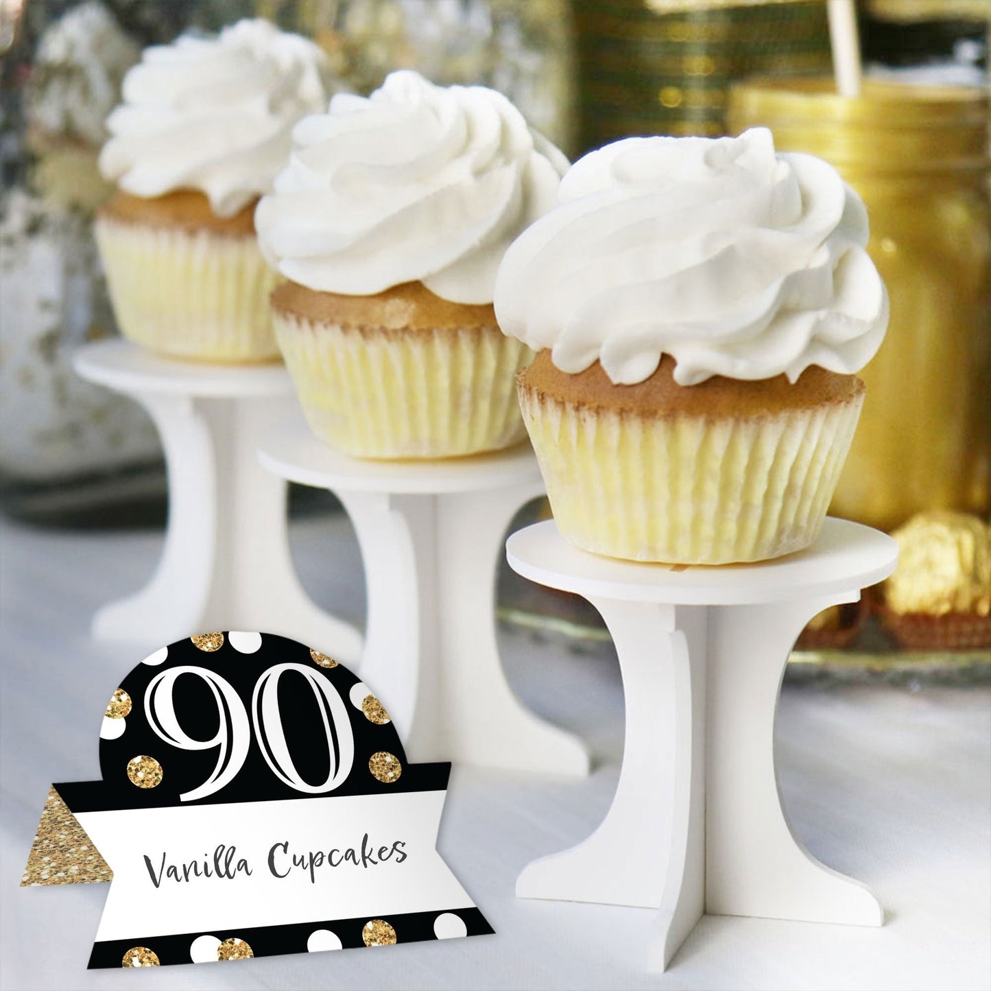 Adult 90th Birthday - Gold - Birthday Party Tent Buffet Card - Table Setting Name Place Cards - Set of 24