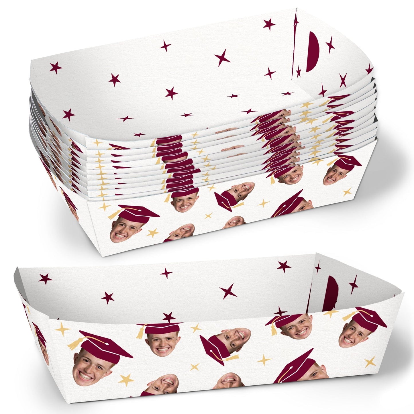 Custom Face Maroon Graduation Paper Food Trays - 12 Ct