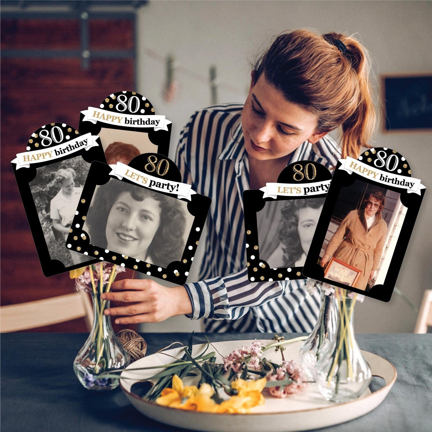 Adult 80th Birthday - Gold - Birthday Party Picture Centerpiece Sticks - Photo Table Toppers - 15 Pieces