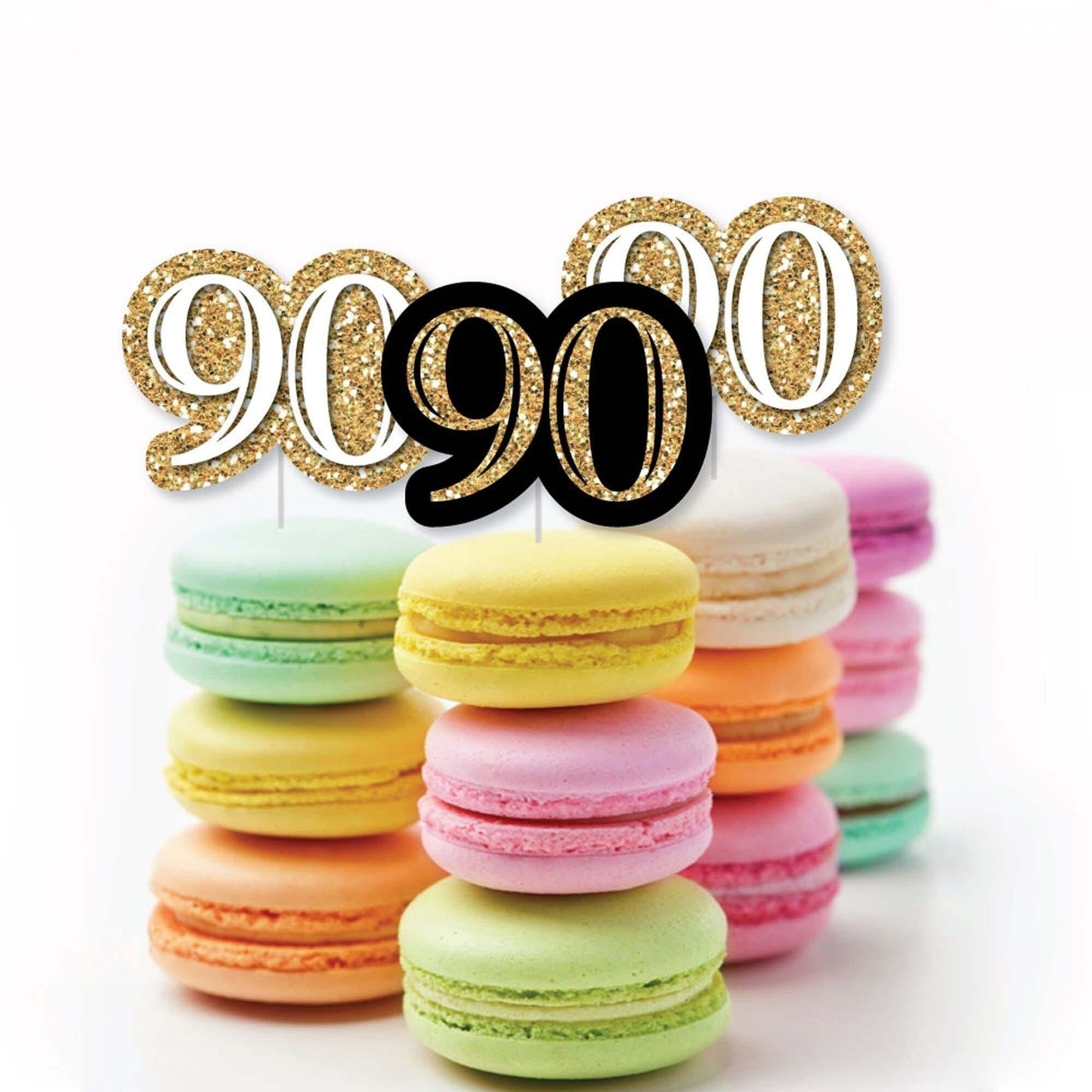 Adult 90th Birthday - Gold - Dessert Cupcake Toppers - Birthday Party Clear Treat Picks - Set of 24
