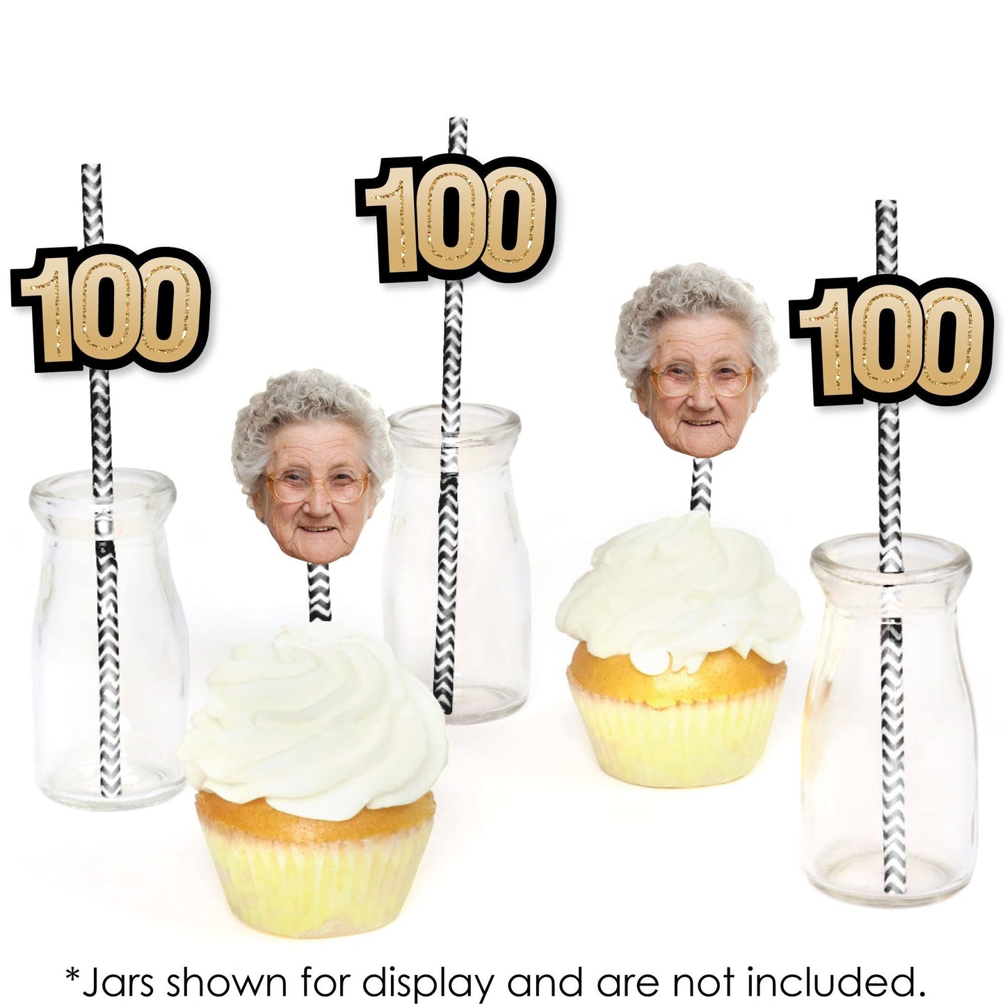 Custom 100th Birthday Face Cutout Straw Decor - 24 Ct