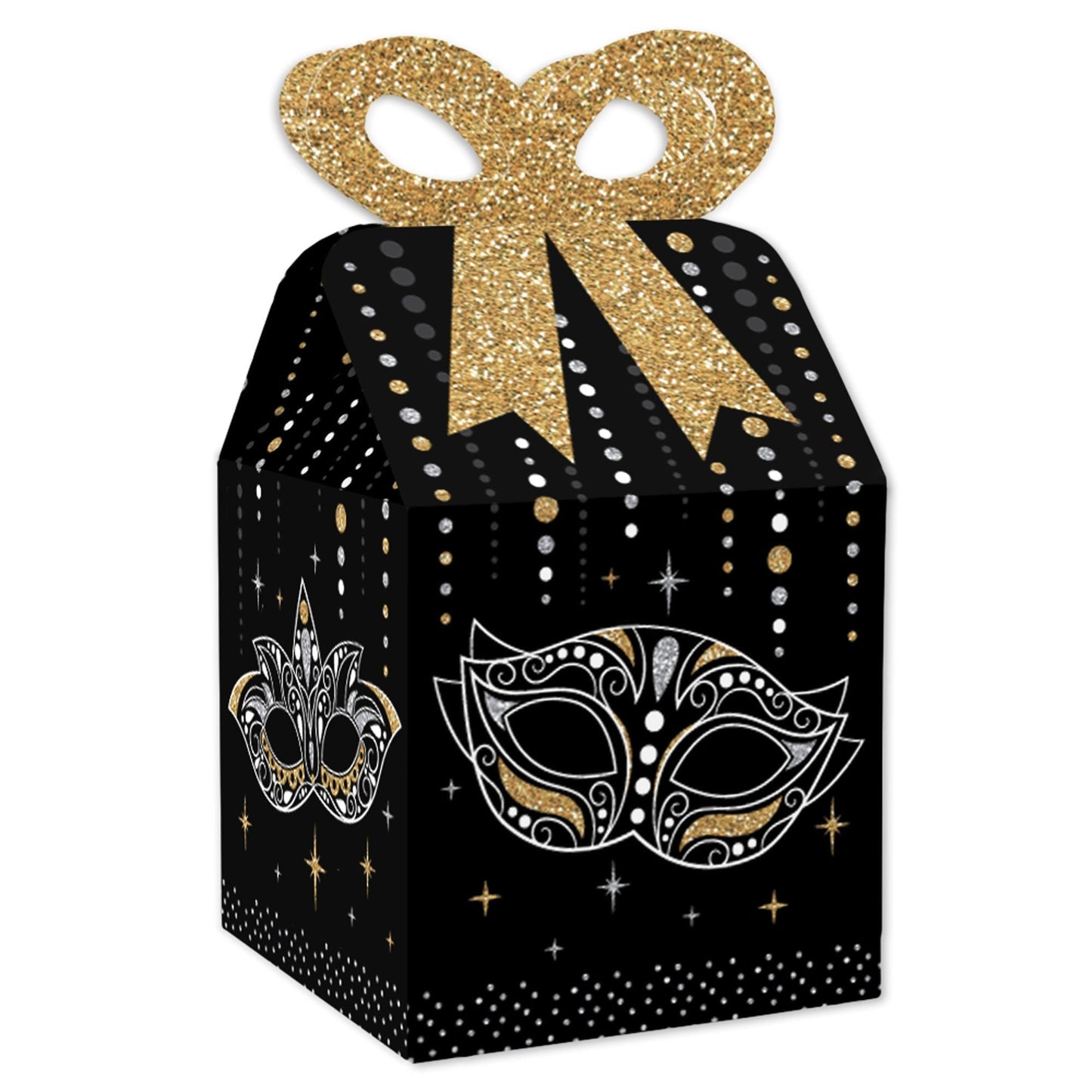 Masquerade - Square Favor Gift Boxes - Venetian Mask Party Bow Boxes - Set of 12